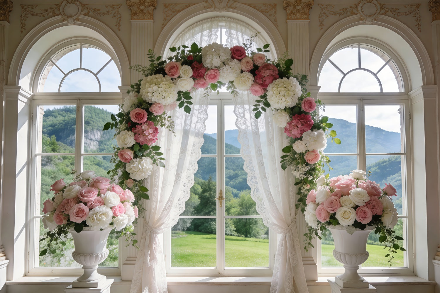 Frühlingshochzeits-Hintergrund Klassisches Fenster Rosenbogen Vorhänge Blumen-Foto-Hintergrund RR62-6