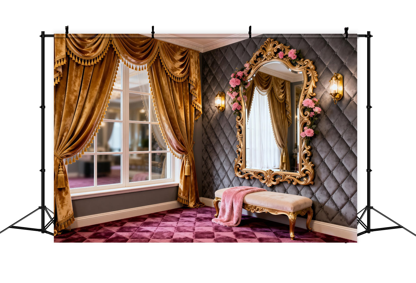 Ideen für Boudoir-Hintergründe Goldenes Fenster Schminktisch Rosenspiegel Klassischer Fotohintergrund RR62-78