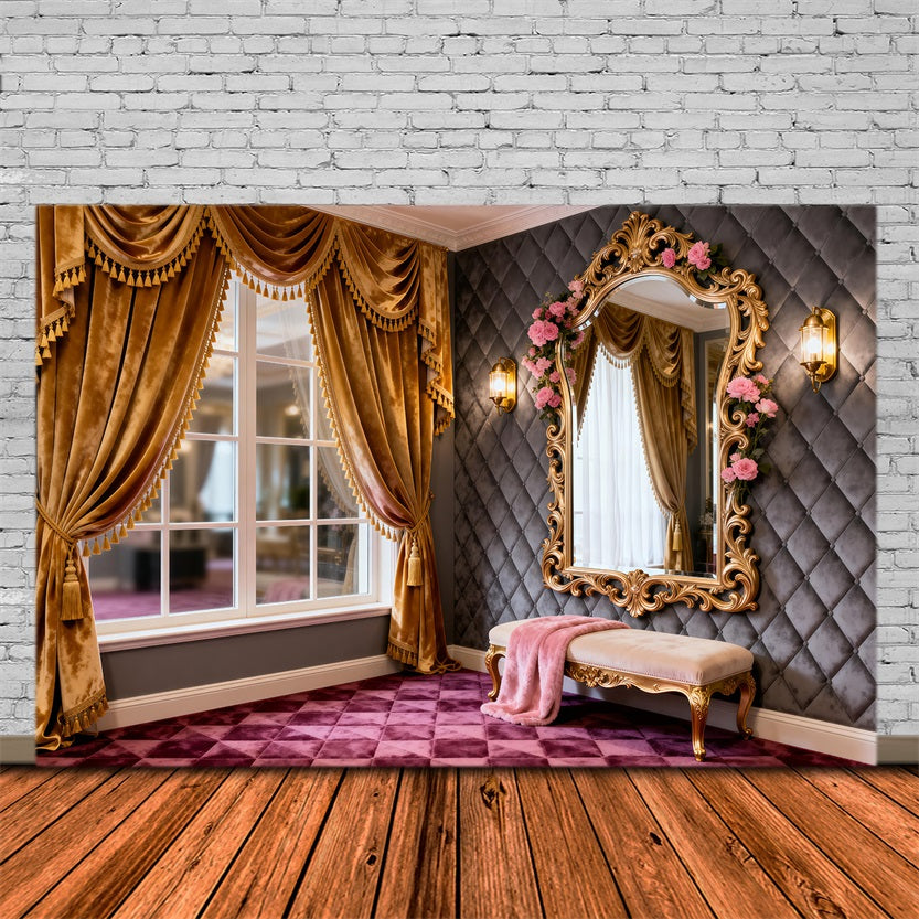 Ideen für Boudoir-Hintergründe Goldenes Fenster Schminktisch Rosenspiegel Klassischer Fotohintergrund RR62-78