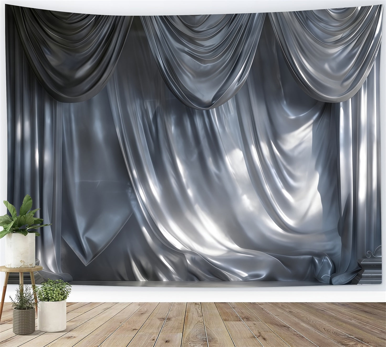 Boudoir-Hintergrund-Ideen Silberne Satin-Kaskadenvorhänge Retro-Fotohintergrund RR62-94