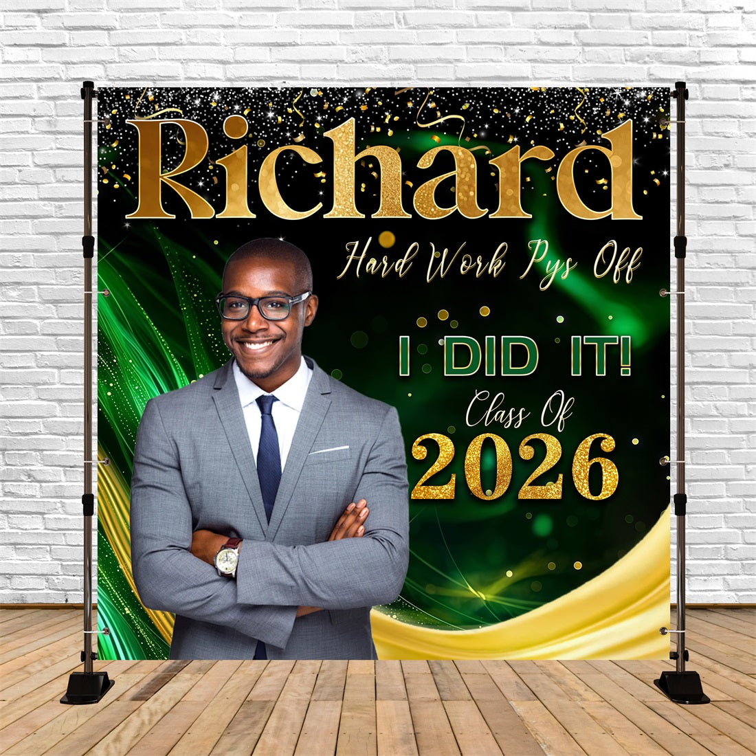 Abschlussfeier-Hintergrund Grün-Gold-Glitzerwellen Abschlussklasse 2026 Abschluss-Hintergrund RR63-15