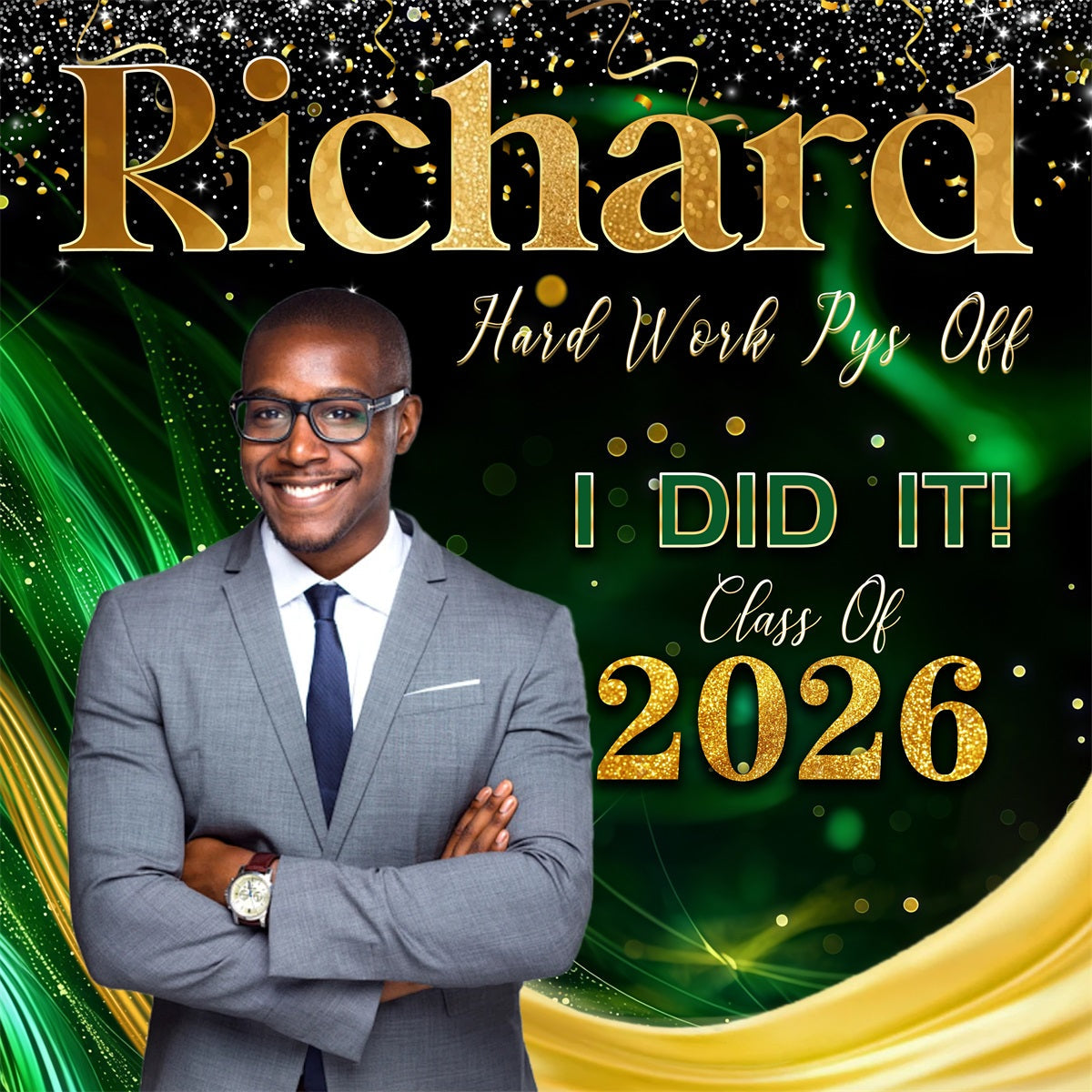 Abschlussfeier-Hintergrund Grün-Gold-Glitzerwellen Abschlussklasse 2026 Abschluss-Hintergrund RR63-15