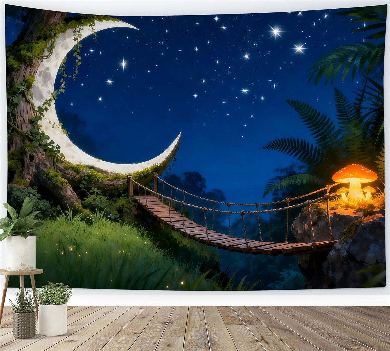 Wald-Hintergrund in der Dämmerung: Halbmondbrücke, Sternennacht, Wald-Themenhintergrund RR63-150
