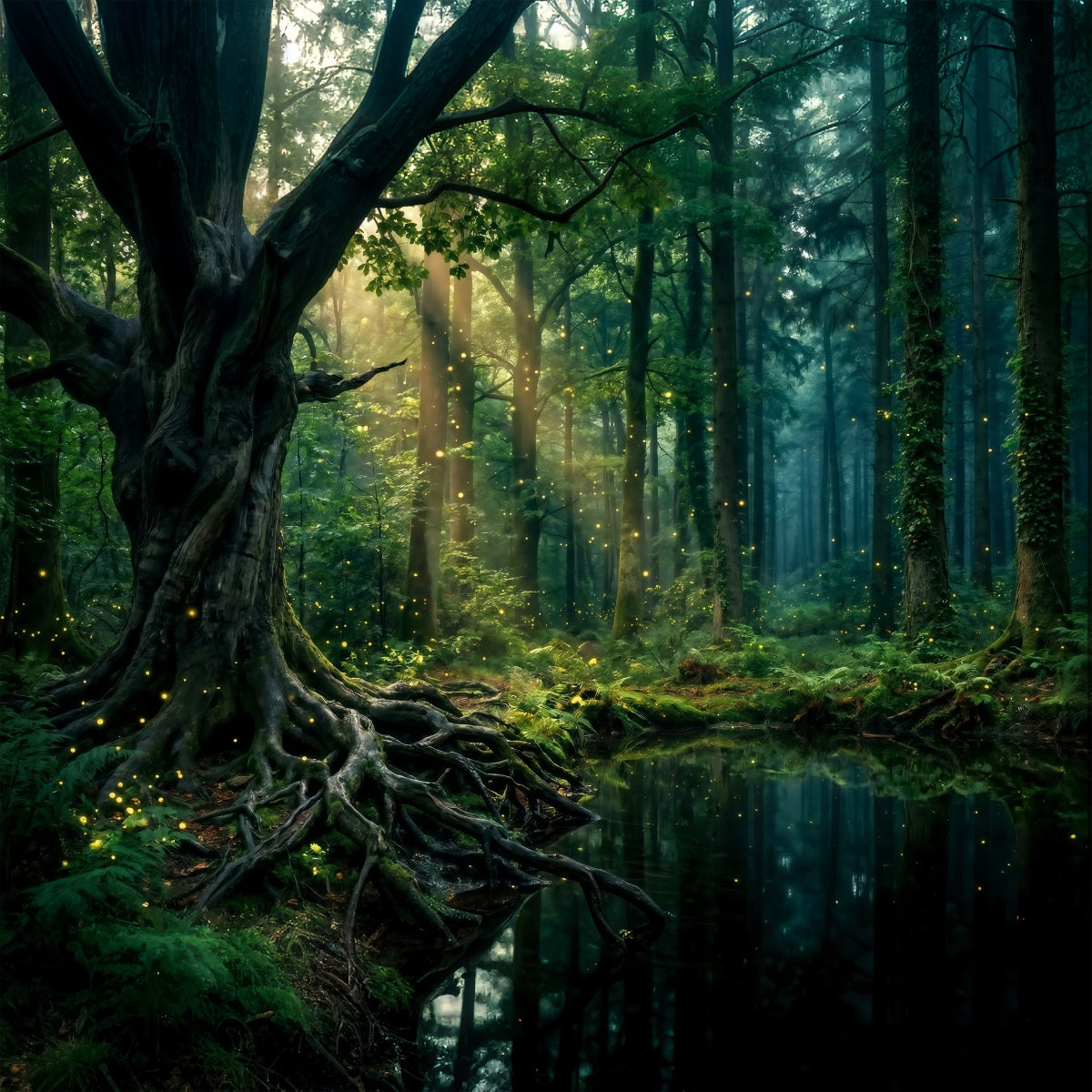 Regenwald-Hintergründe: Sonnendurchflutete Bäume, Teich, Glühen der Glühwürmchen, Wurzeln, Foto-Hintergrund Wald RR63-151