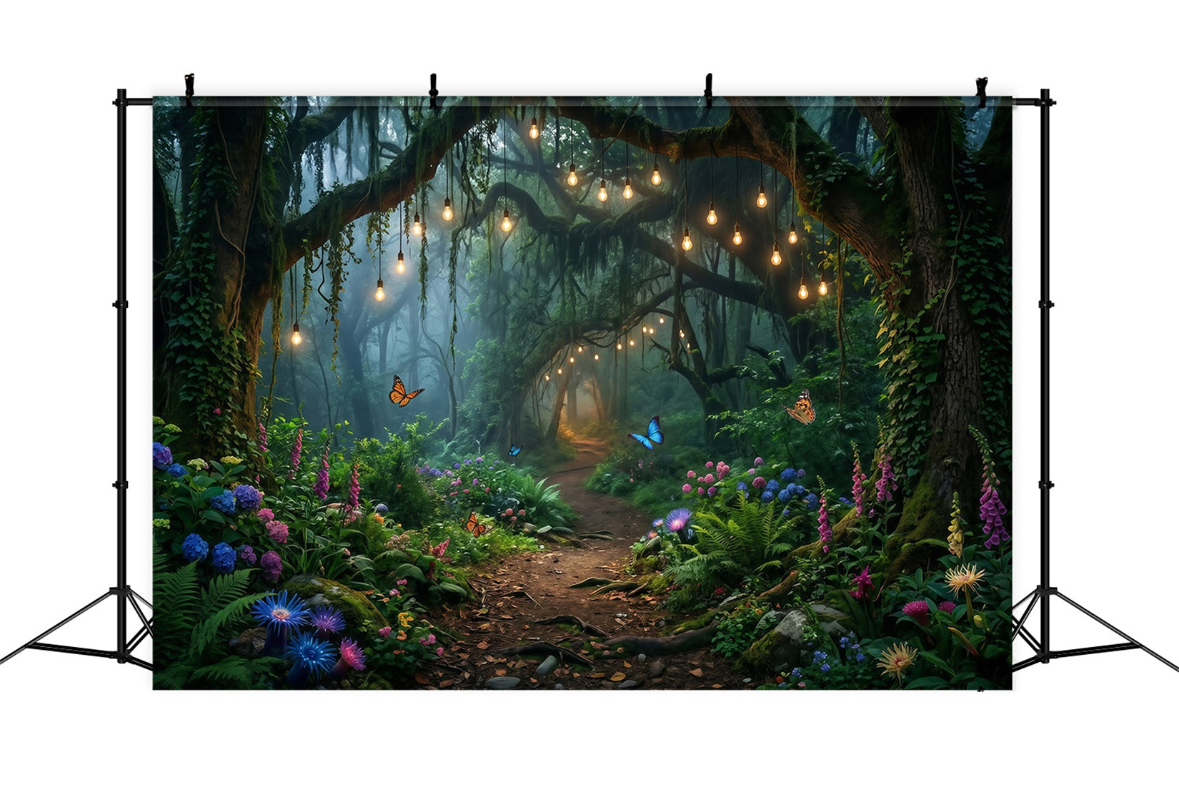 Fotohintergrund Wald Hängende Glühbirnen Waldweg mit Blumen Fantasie-Wald-Hintergrund RR63-152