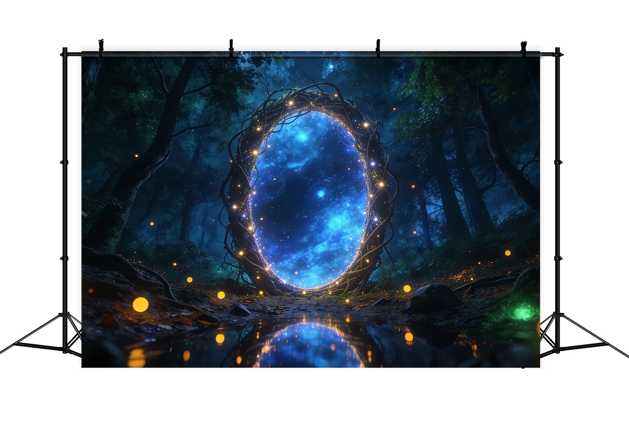 Ideen für Waldkulissen: Mystisches Lichtportal, sternenklarer Spiegelteich, Wald-Fotokulisse RR63-162