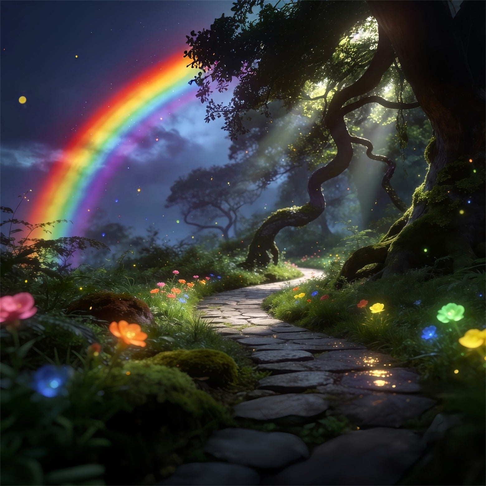 Zauberwald-Hintergrund: Regenbogenhimmel, Waldweg, Traumhaftes Leuchten – Wald-Fotohintergründe RR63-169