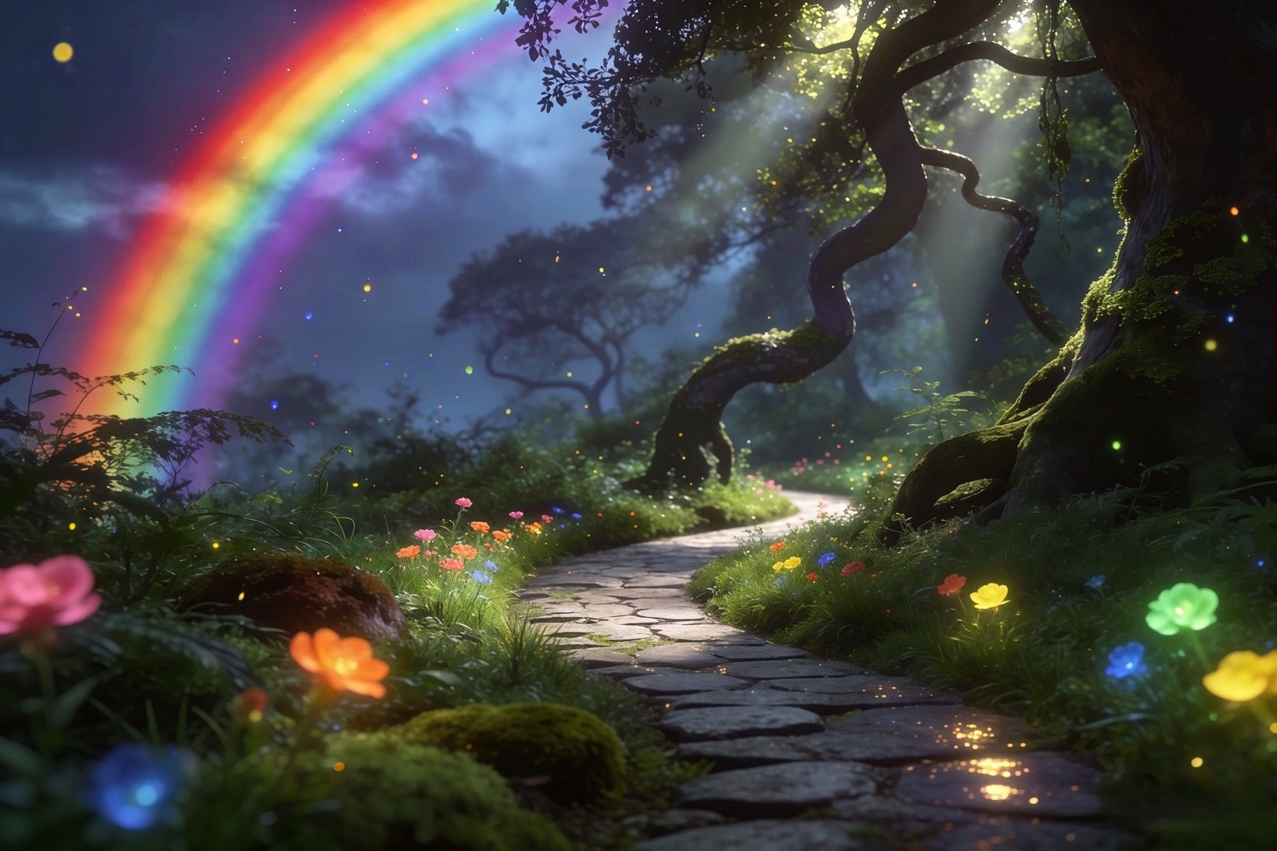 Zauberwald-Hintergrund: Regenbogenhimmel, Waldweg, Traumhaftes Leuchten – Wald-Fotohintergründe RR63-169
