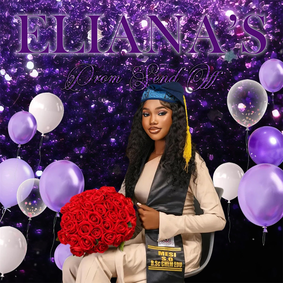 Ideen für Abschlussball-Abschiedshintergründe: Lila Glitzerballon-Rose – Individueller Abschlusshintergrund RR63-21