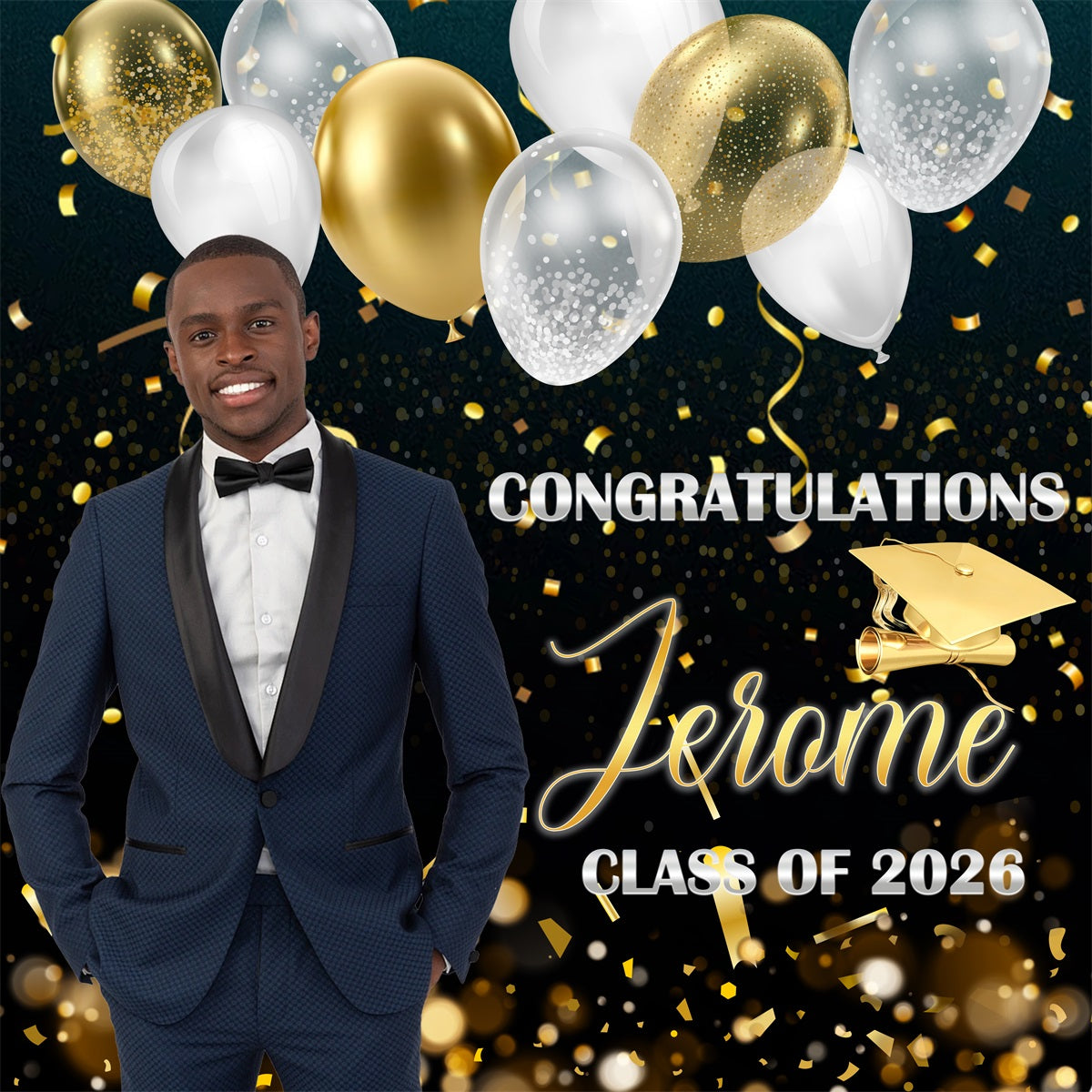 Abschlussfeier-Kulisse: Schwarz-Gold-Ballons und Konfetti – Individuell gestaltete Abschlussfeier-Kulisse RR63-26