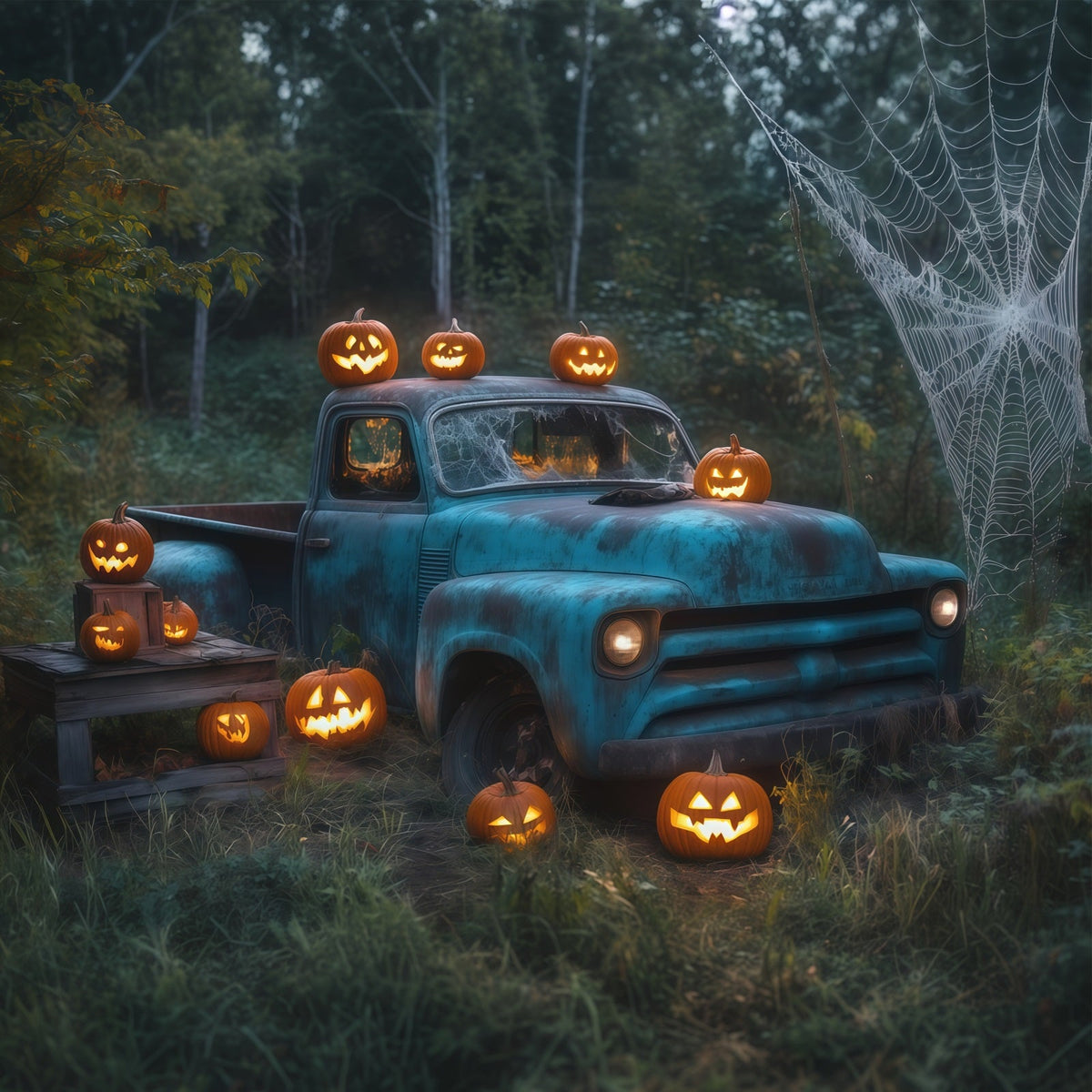 Halloween-Hintergrund Für Den AußenbereichVintage-Truck Kürbis Spinnennetz Gruseliger Halloween-Hintergrund RR67-109