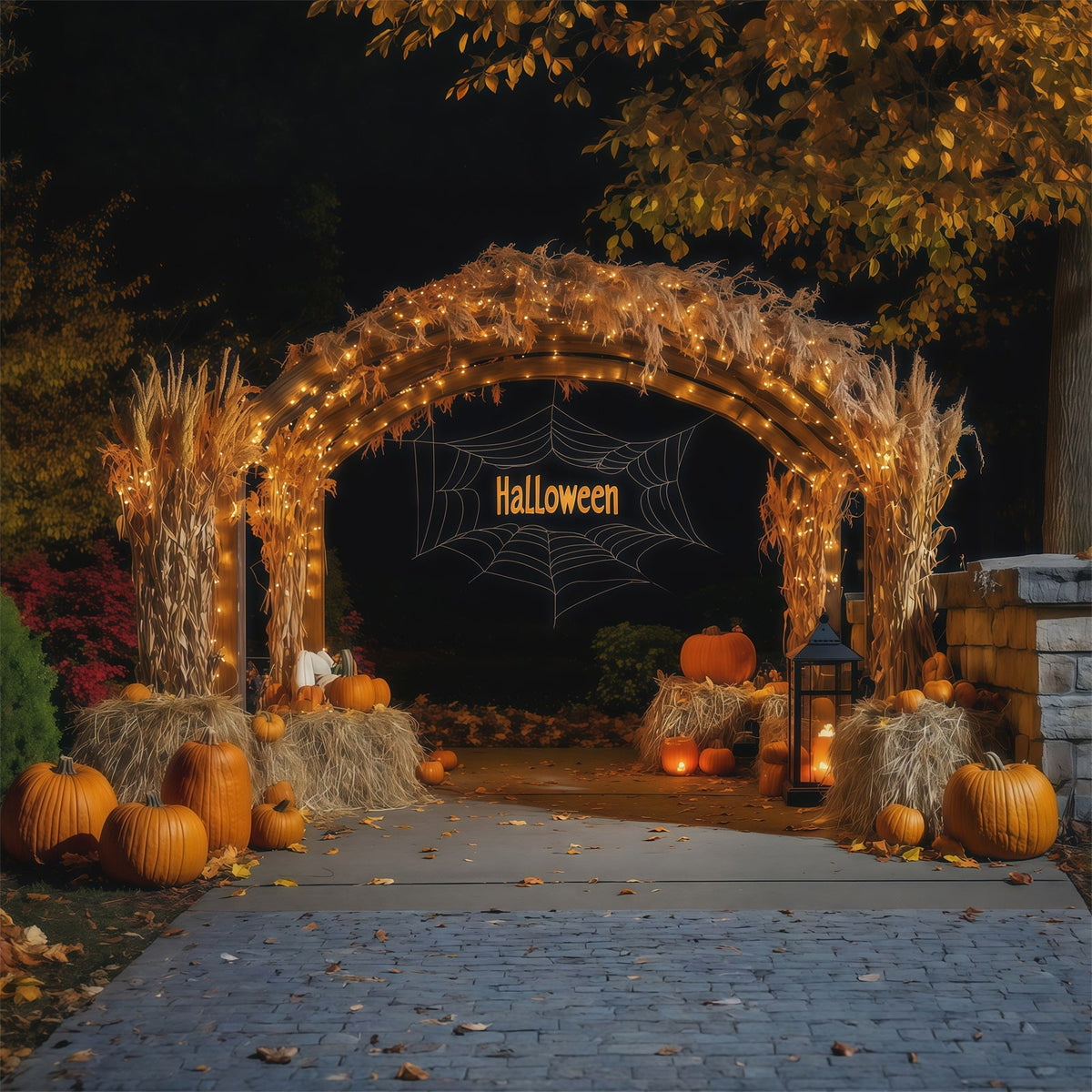 Herbstliche Halloween-KulisseHeuernte Kürbisbogen Gruselige Halloween-Kulissen RR67-117