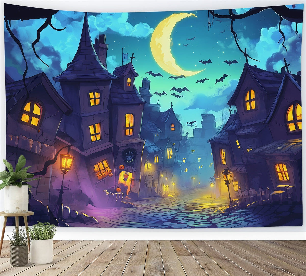 Fotohintergründe Halloween Mondbeschienene Krumme Dorfstraße Halloween-Stadt-Hintergrund RR67-136