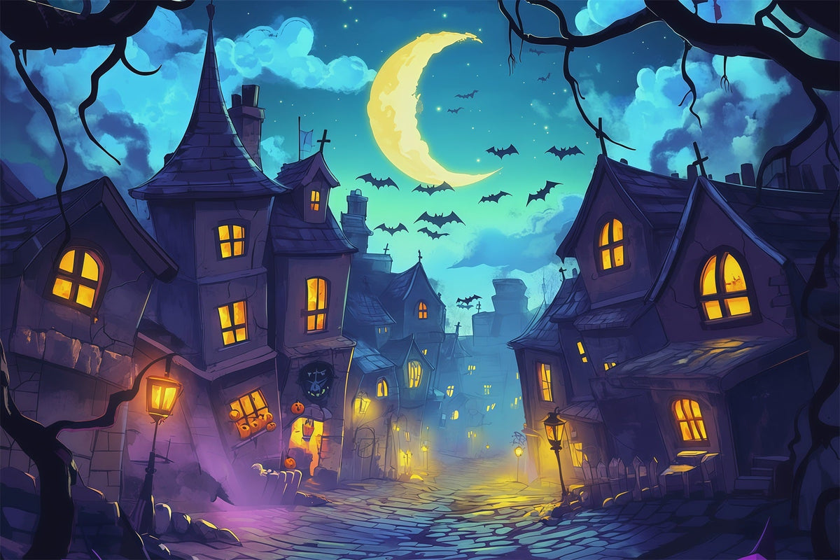 Fotohintergründe Halloween Mondbeschienene Krumme Dorfstraße Halloween-Stadt-Hintergrund RR67-136