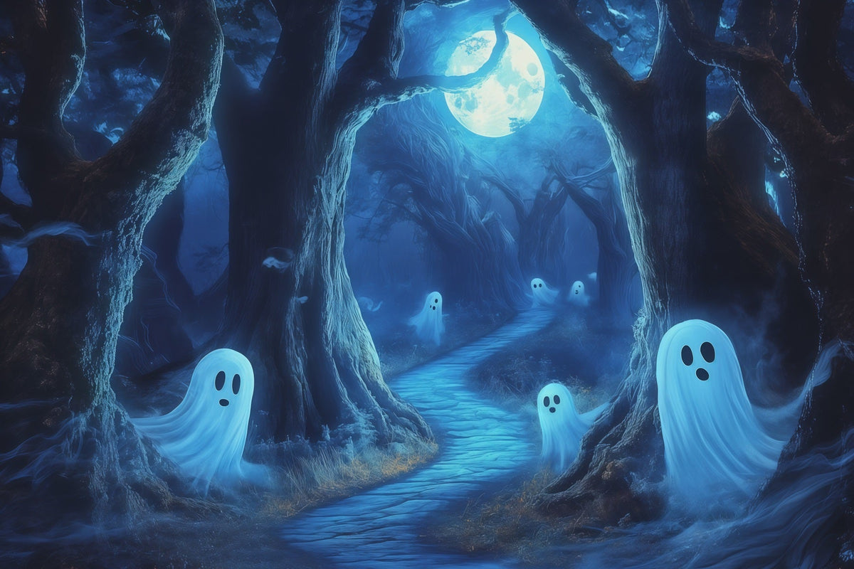 Geister-Hintergrundwandteppich Mondbeschienener Waldweg Extra Großer Halloween-Hintergrund RR67-162