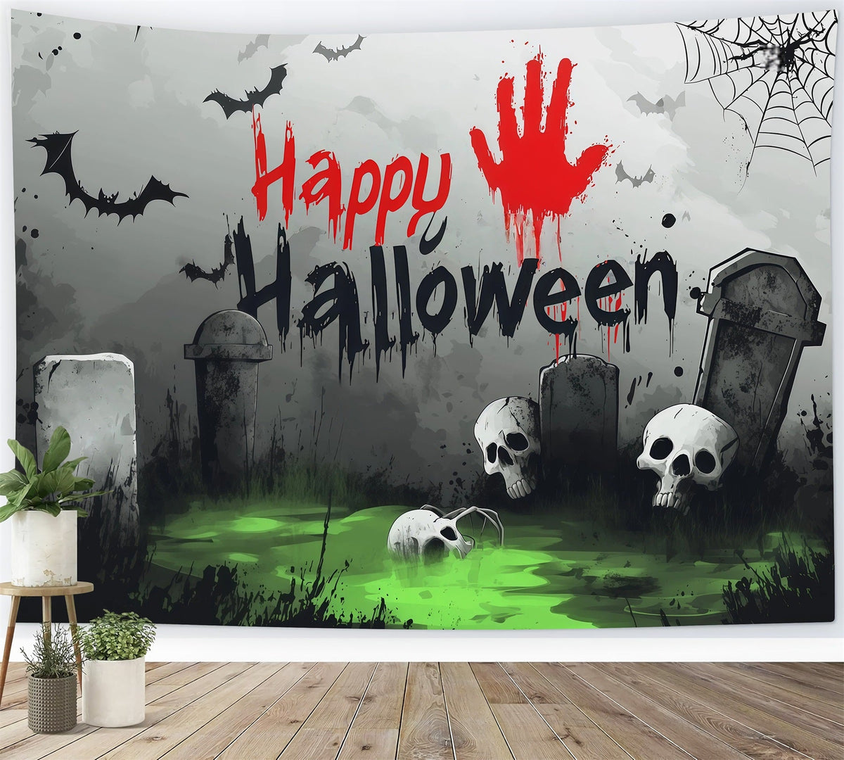 Grabstein-Hintergrund Blutiger Handabdruck Totenkopf Friedhof Halloween-Party-Hintergrund RR67-168