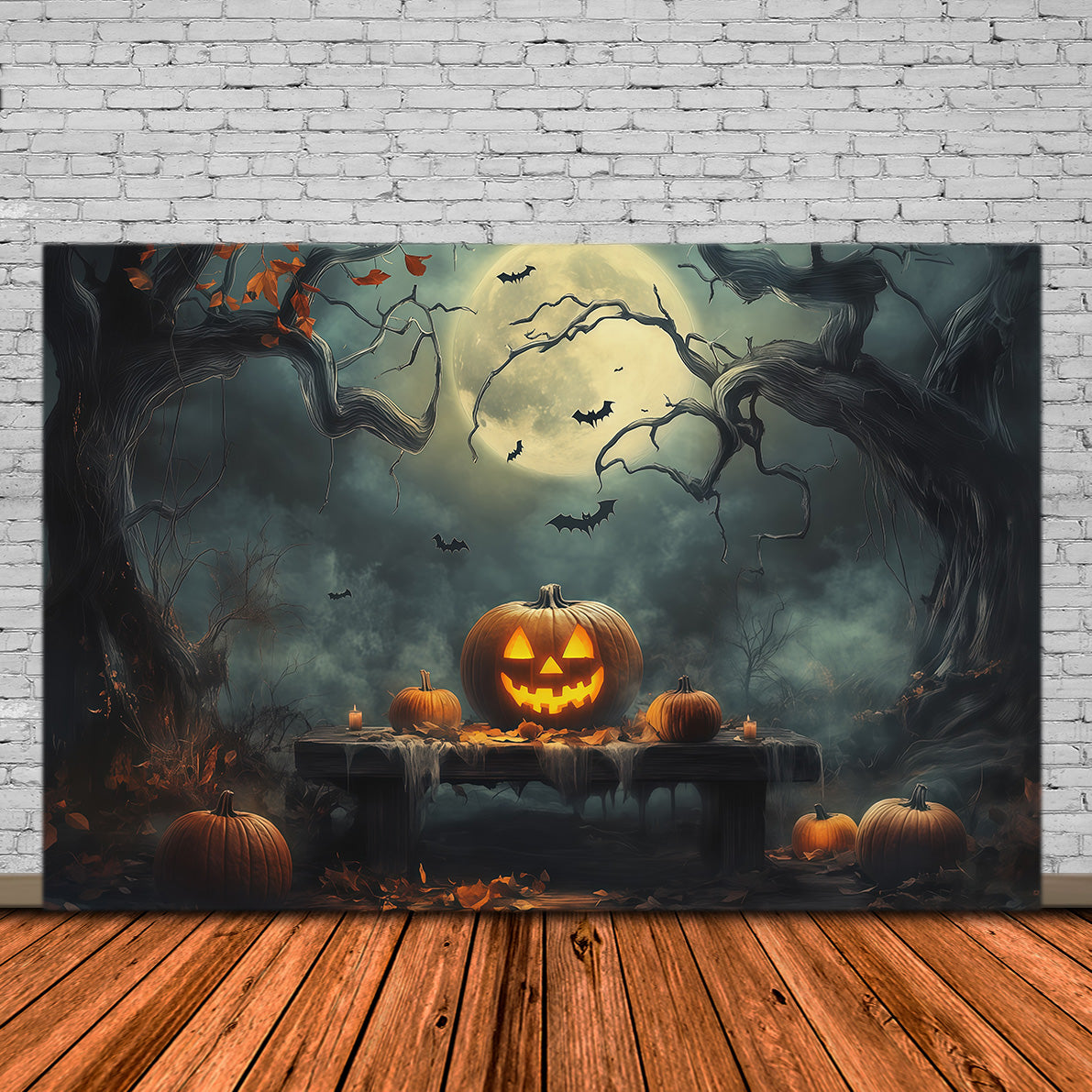 Halloween-Kulisse Mit Kürbissen Mondbeschienener Wald Tisch Fotobox-Ideen Für Halloween-Kulissen RR67-180