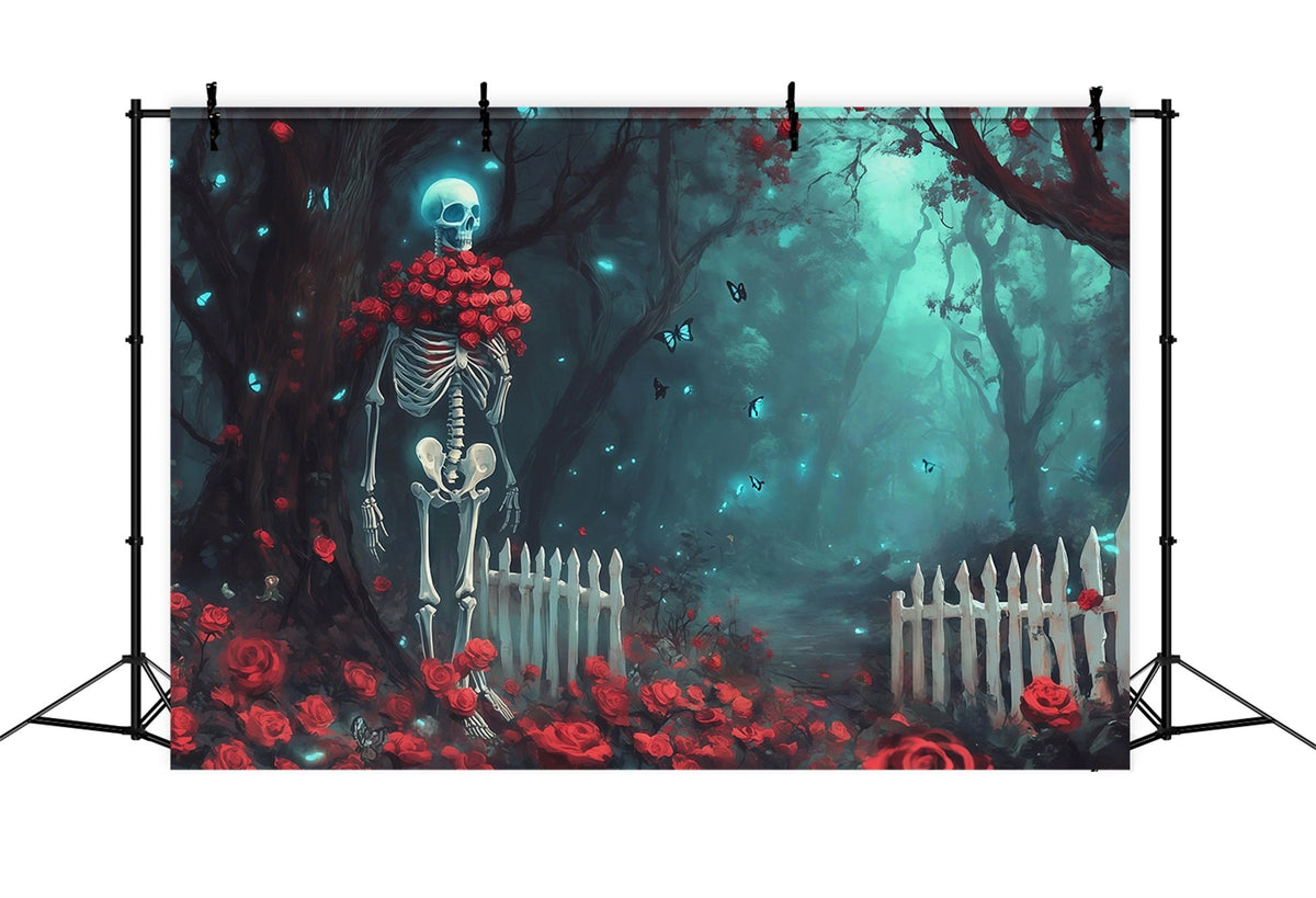 Halloween-Stoffhintergrund Mit Skelett-Rosenwaldweg Für Fotos (RR67-29)