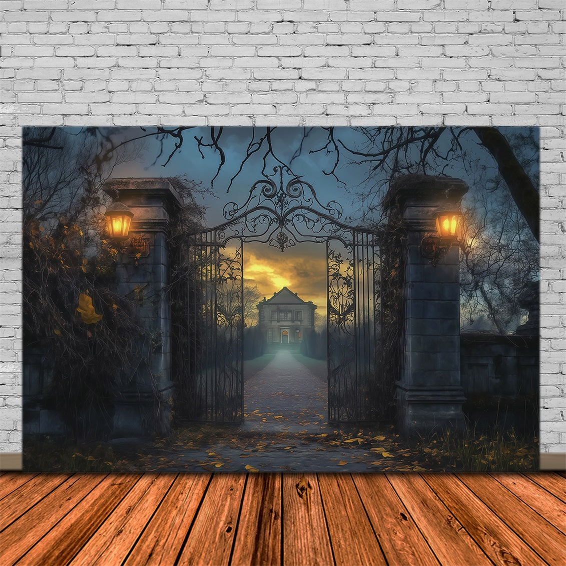 Halloween-Hauskulisse Nebliges Herrenhaus Mit Eisentor Halloween-Friedhofskulisse RR67-77