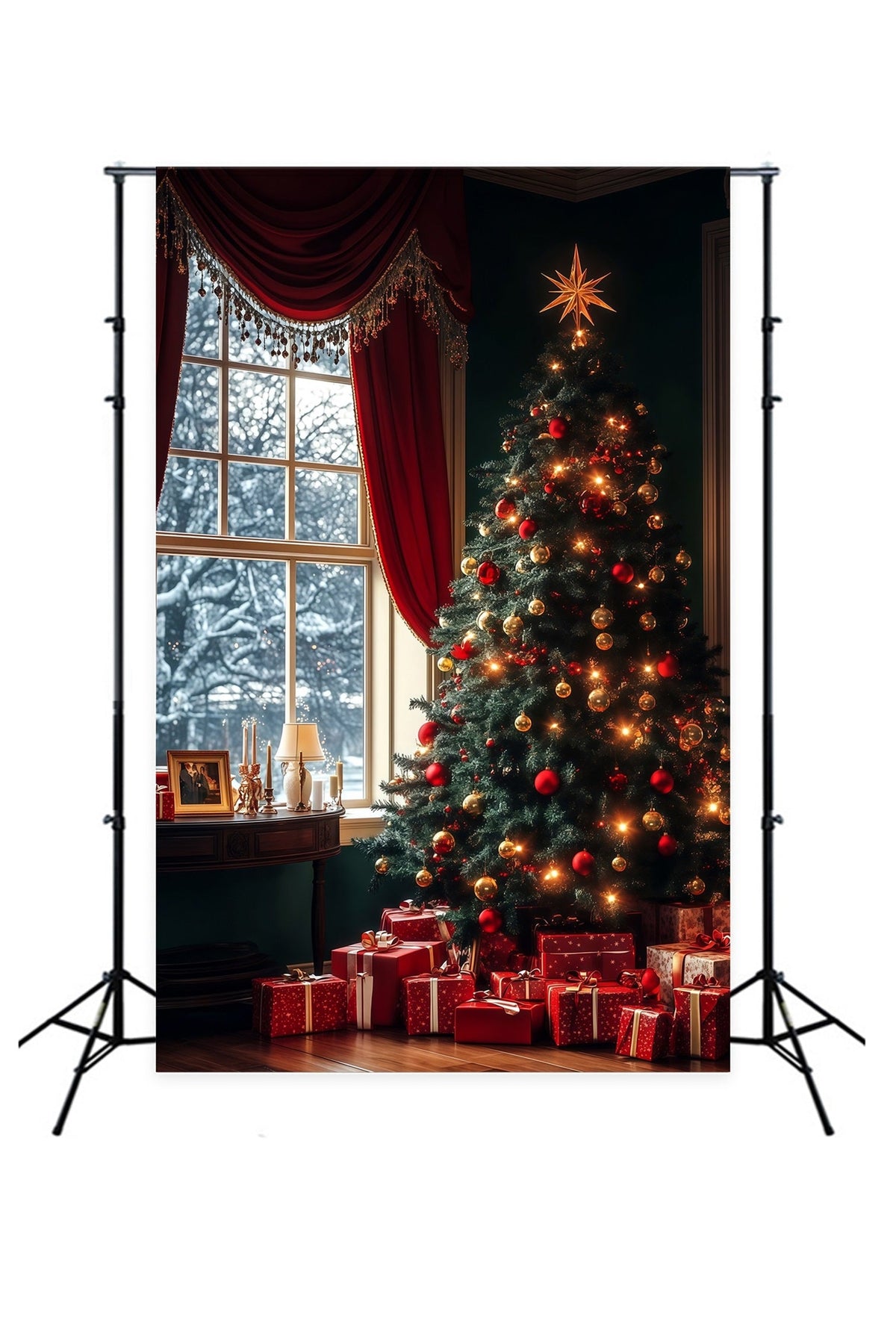 Weihnachtsbaum-Fotohintergrund Immergrüner Baum, Fensterleuchten Weihnachtskulisse RR68-61