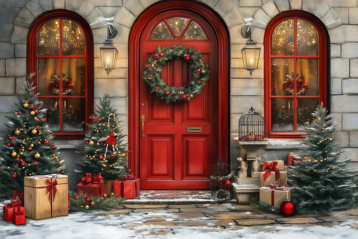 Weihnachtstür-Hintergrund Roter Türkranz Am Eingang Weihnachts-Fotohintergründe RR68-64