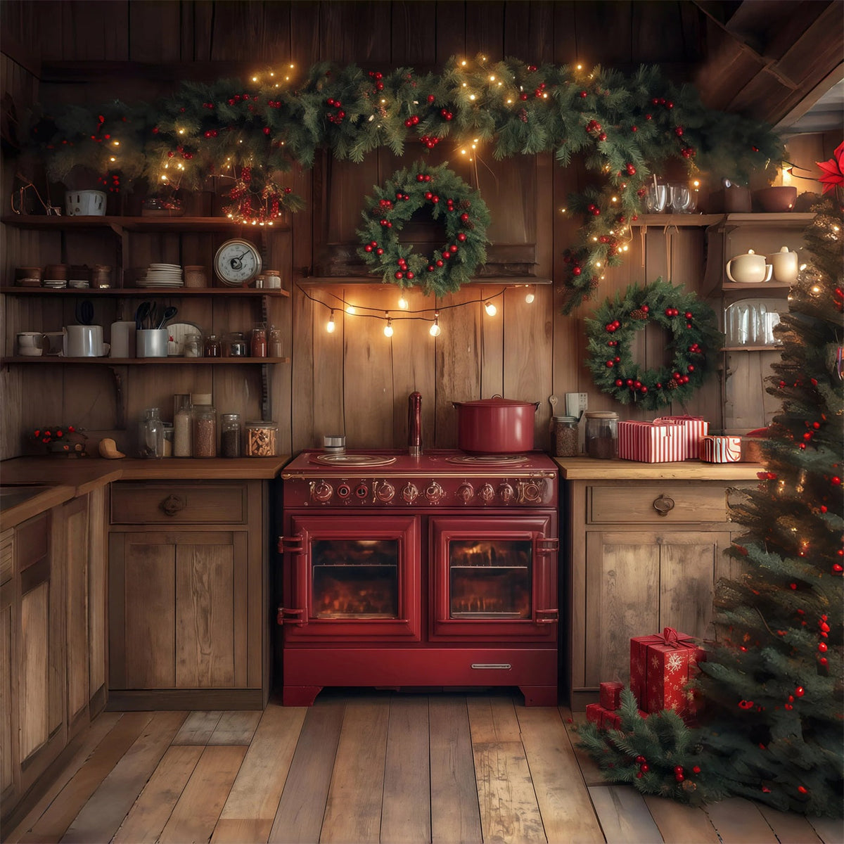 Weihnachtsküchen-Hintergrund Immergrüne Girlandendekoration Weihnachts-Fotografie-Hintergründe RR68-68