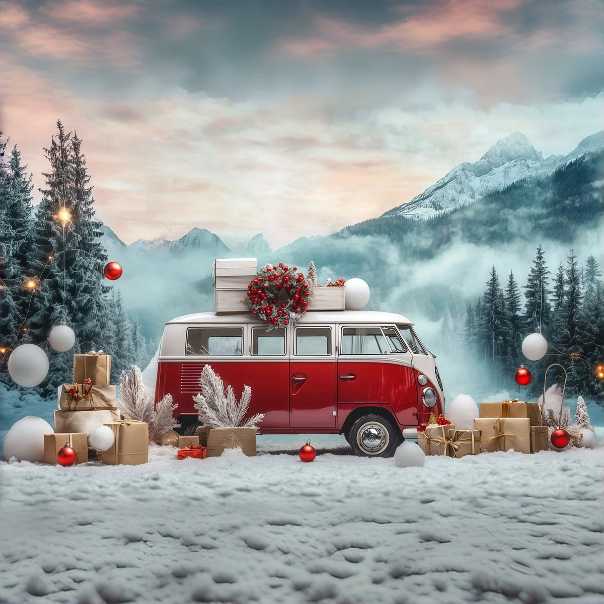 Weihnachtstruck-Hintergrund Verschneiter Vintage-Wohnwagen Große Weihnachtskulisse RR68-73