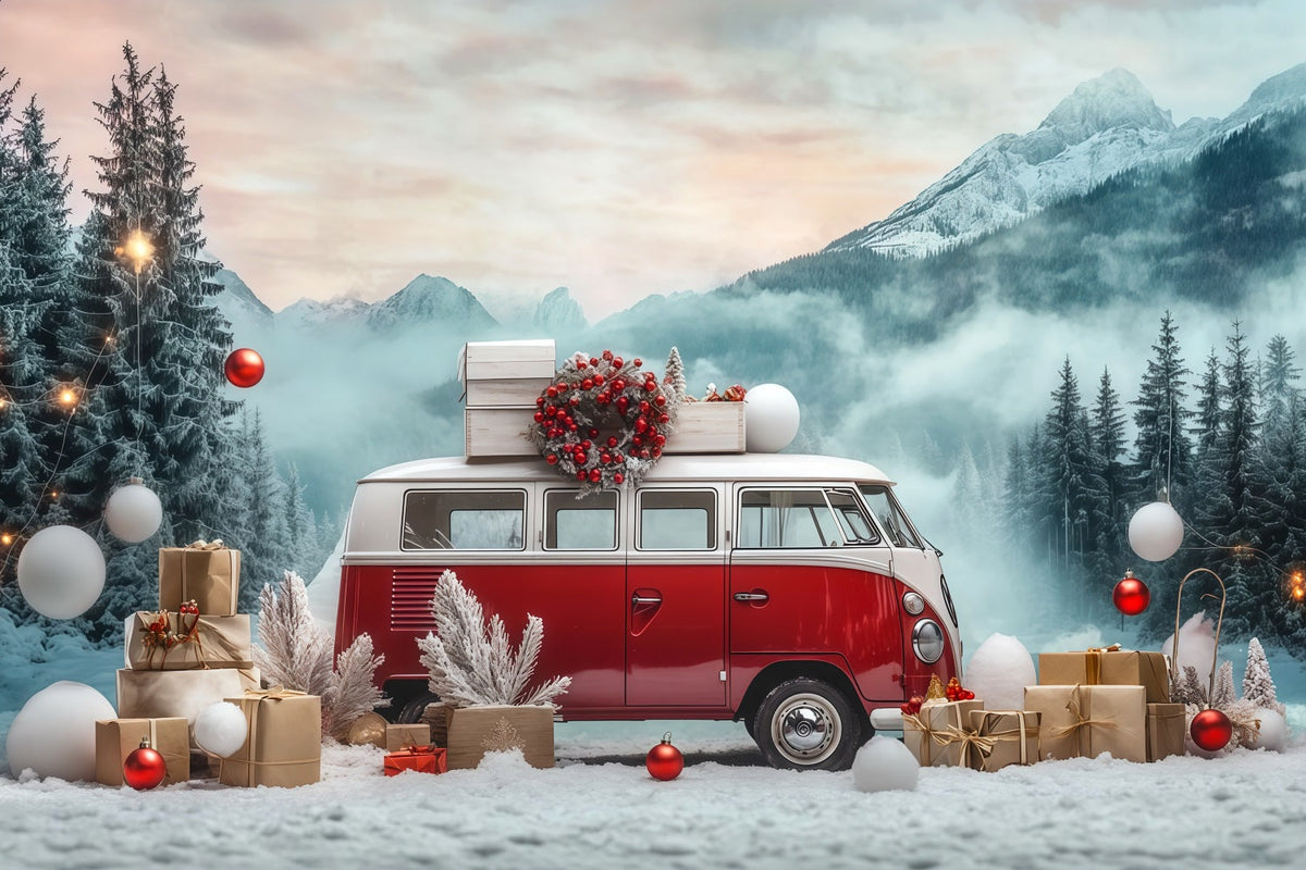 Weihnachtstruck-Hintergrund Verschneiter Vintage-Wohnwagen Große Weihnachtskulisse RR68-73