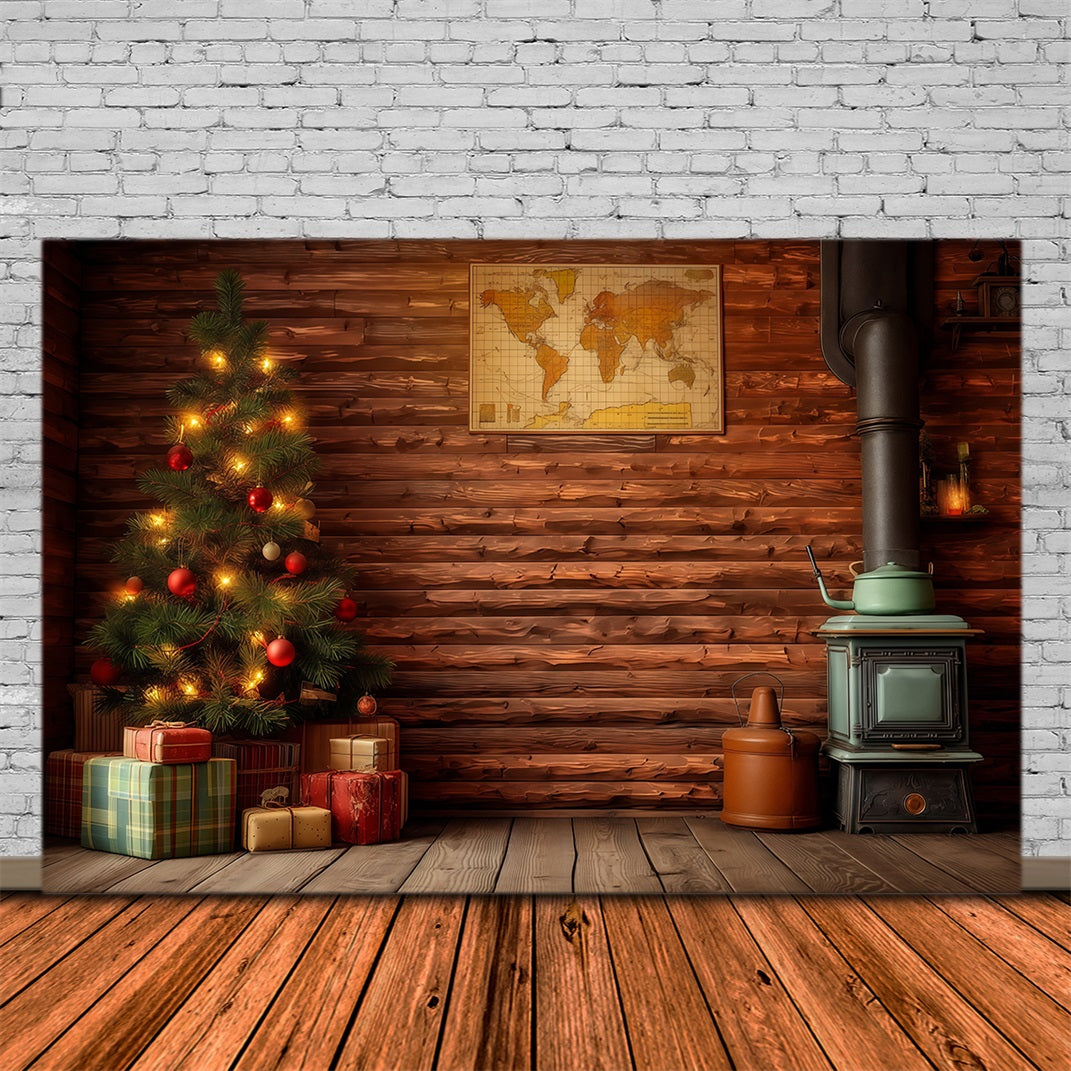 Ländliche Weihnachtskulisse Rustikales Hütteninterieur Weihnachtsfotohintergrund RR68-80