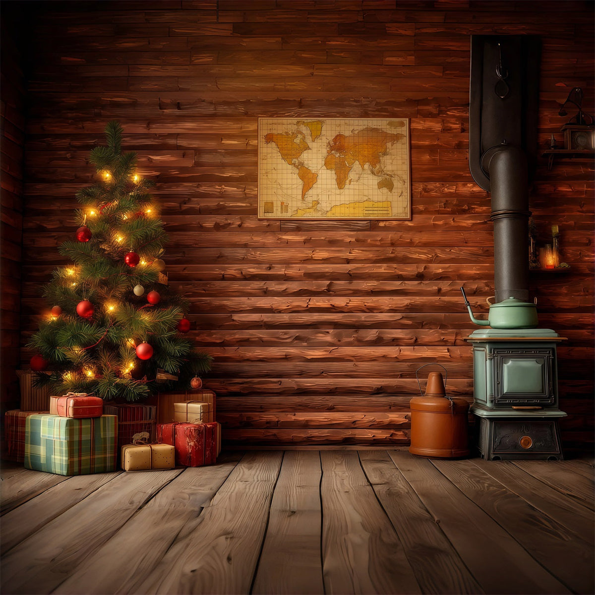 Ländliche Weihnachtskulisse Rustikales Hütteninterieur Weihnachtsfotohintergrund RR68-80