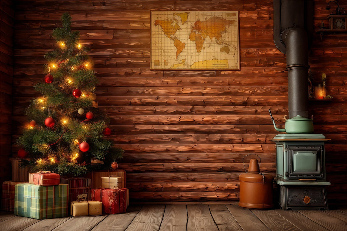 Ländliche Weihnachtskulisse Rustikales Hütteninterieur Weihnachtsfotohintergrund RR68-80