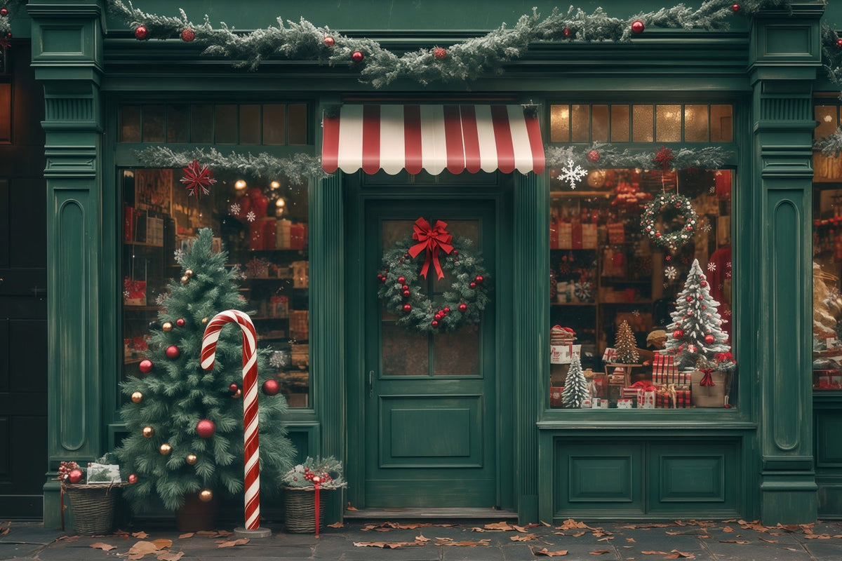 Weihnachtsladen-Hintergrund Grüne Schaufensterdekoration Weihnachtsfotohintergrund RR68-83