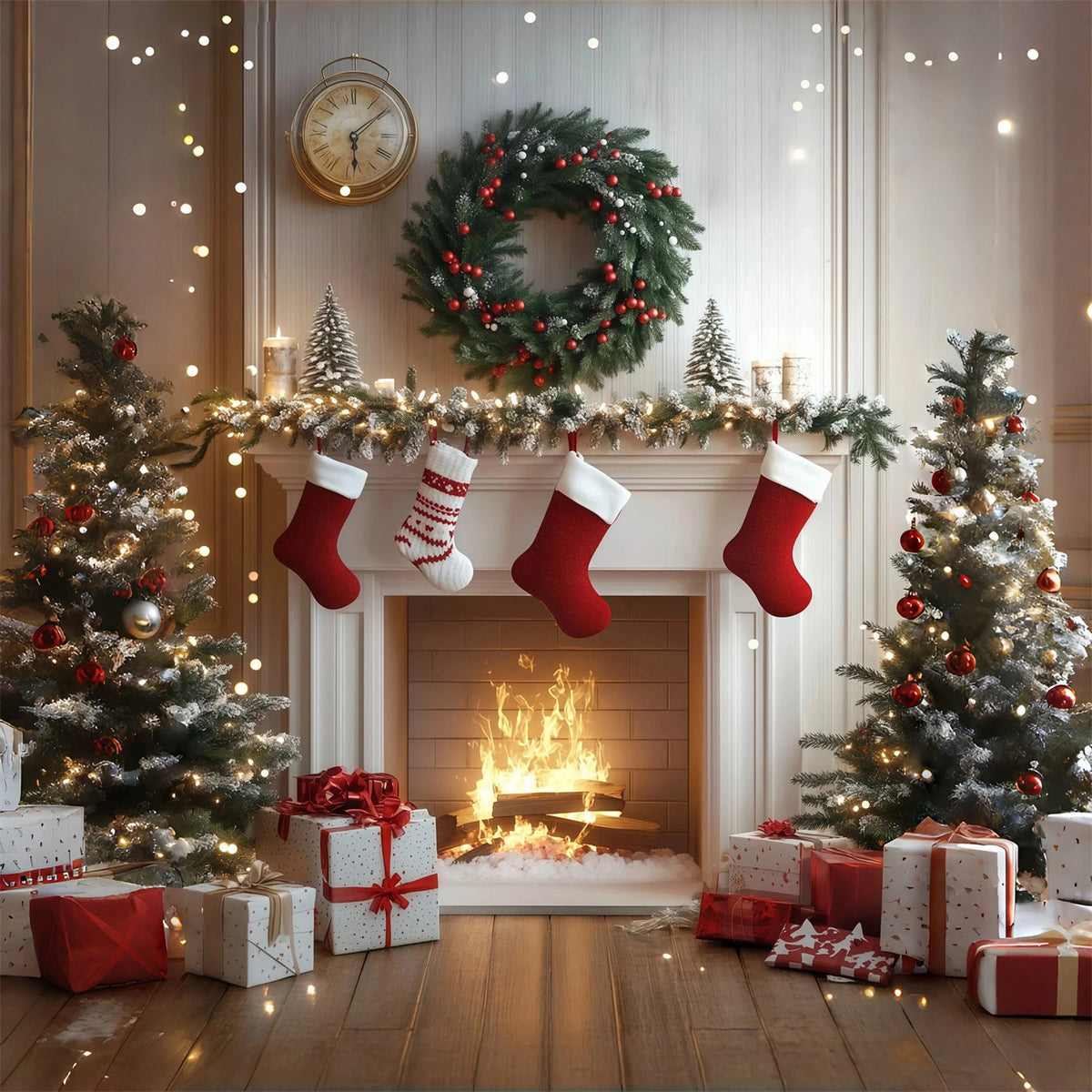Weiße Weihnachtskulisse Gemütliche Kaminstrümpfe Weihnachts-Fotohintergründe RR68-84