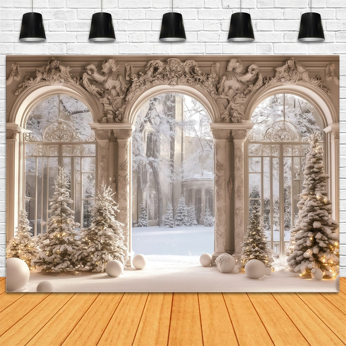 Viktorianische Weihnachtskulisse Blick Aus Dem Verschneiten Palastfenster Musselin-Hintergrund Weihnachten RR68-95