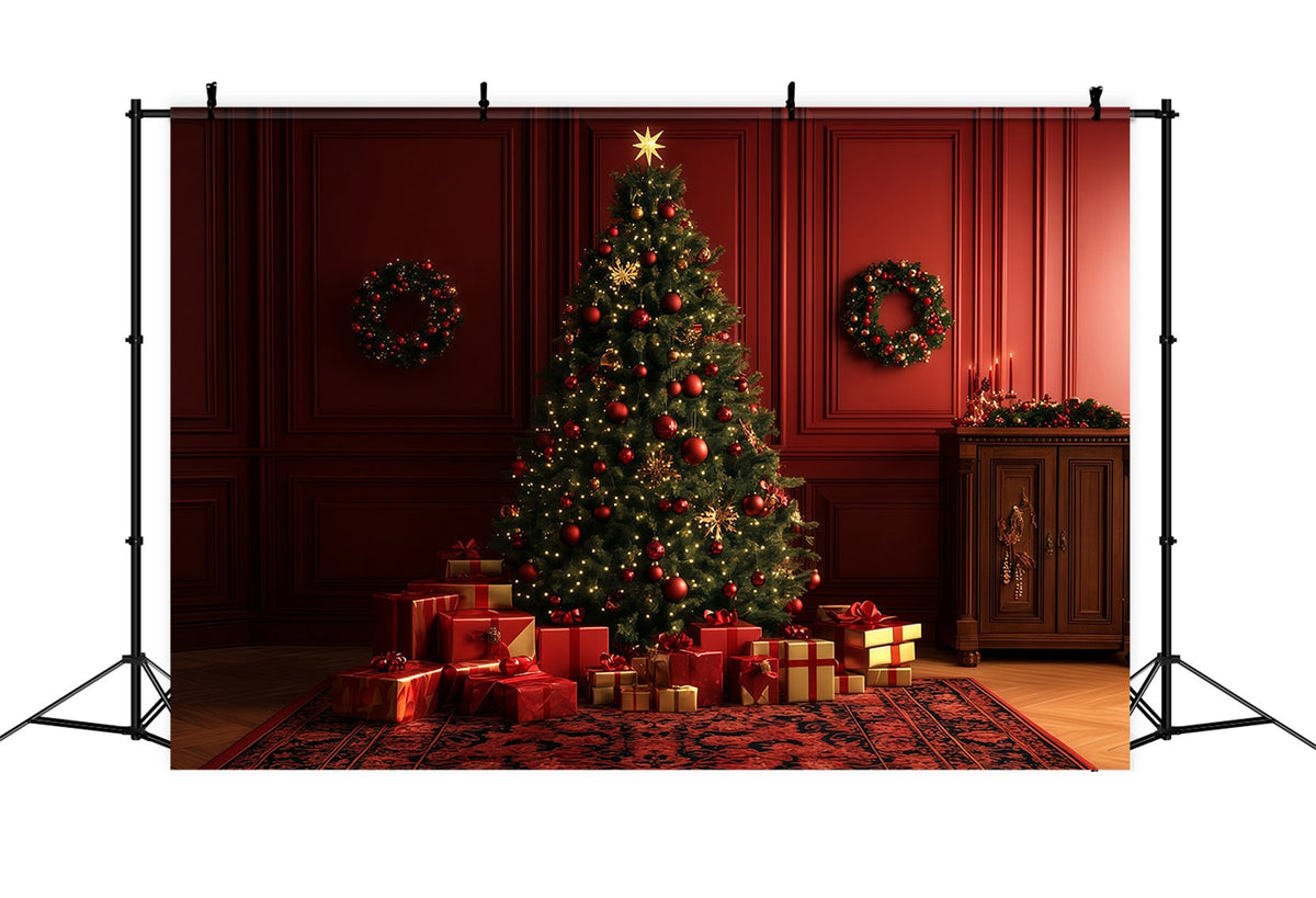 Roter Weihnachtshintergrund Geschenkezimmer Leuchtender Baum Große Weihnachtskulisse RR69-10