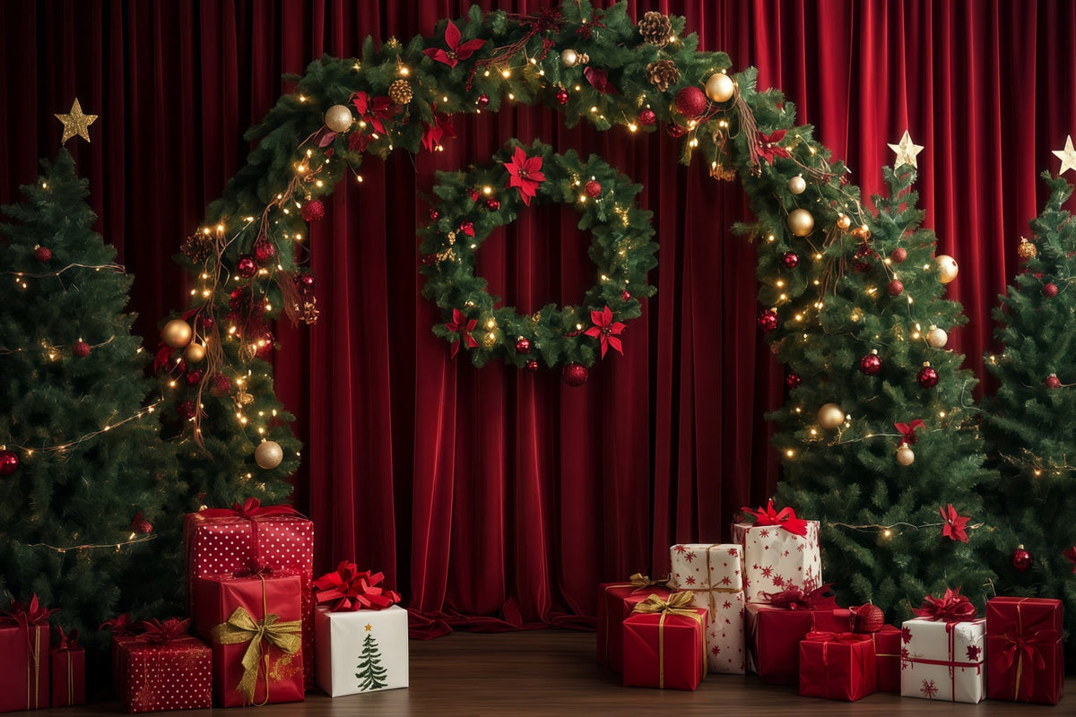 Roter Weihnachtshintergrund Vorhangkranz Girlande Bogen Große Weihnachtskulisse RR69-104