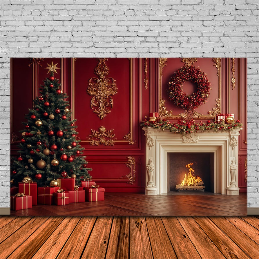Weihnachtskamin-Hintergrund Vintage Purpurroter Kaminsims-Kranz Weihnachtshintergründe RR69-11