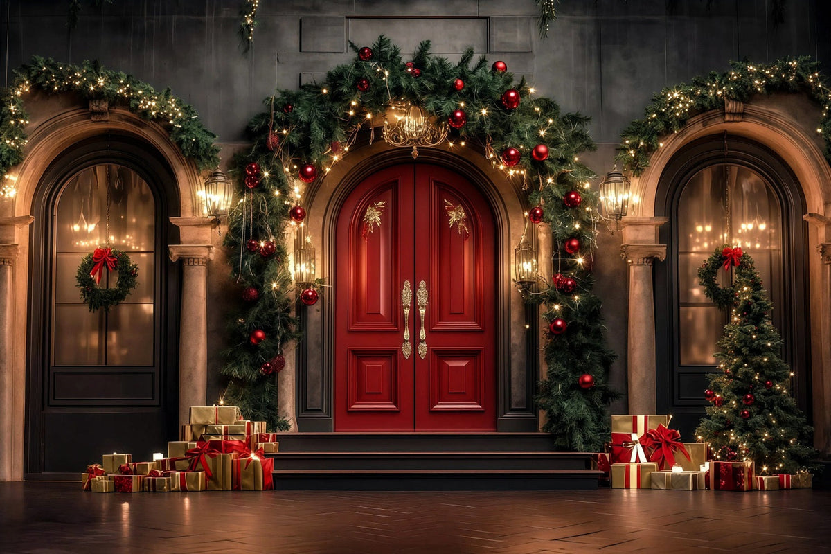 Weihnachtsbogen-Hintergrund Luxuriöser Türeingang Mit Girlande Studiohintergründe Weihnachten RR69-19