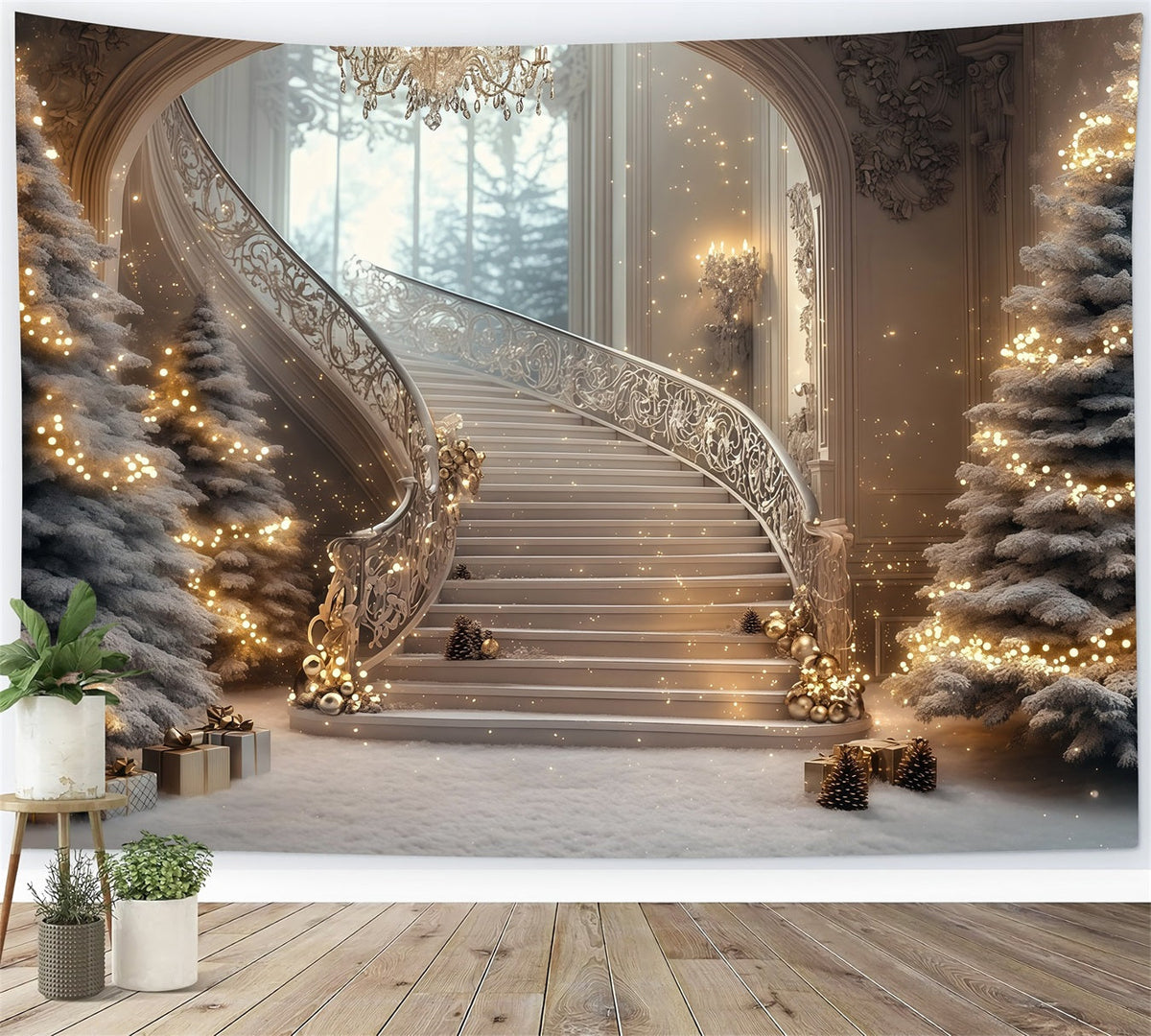 Große Weihnachtskulisse Funkelnder Glanz Der Großen Treppe Weihnachtshintergrund RR69-2