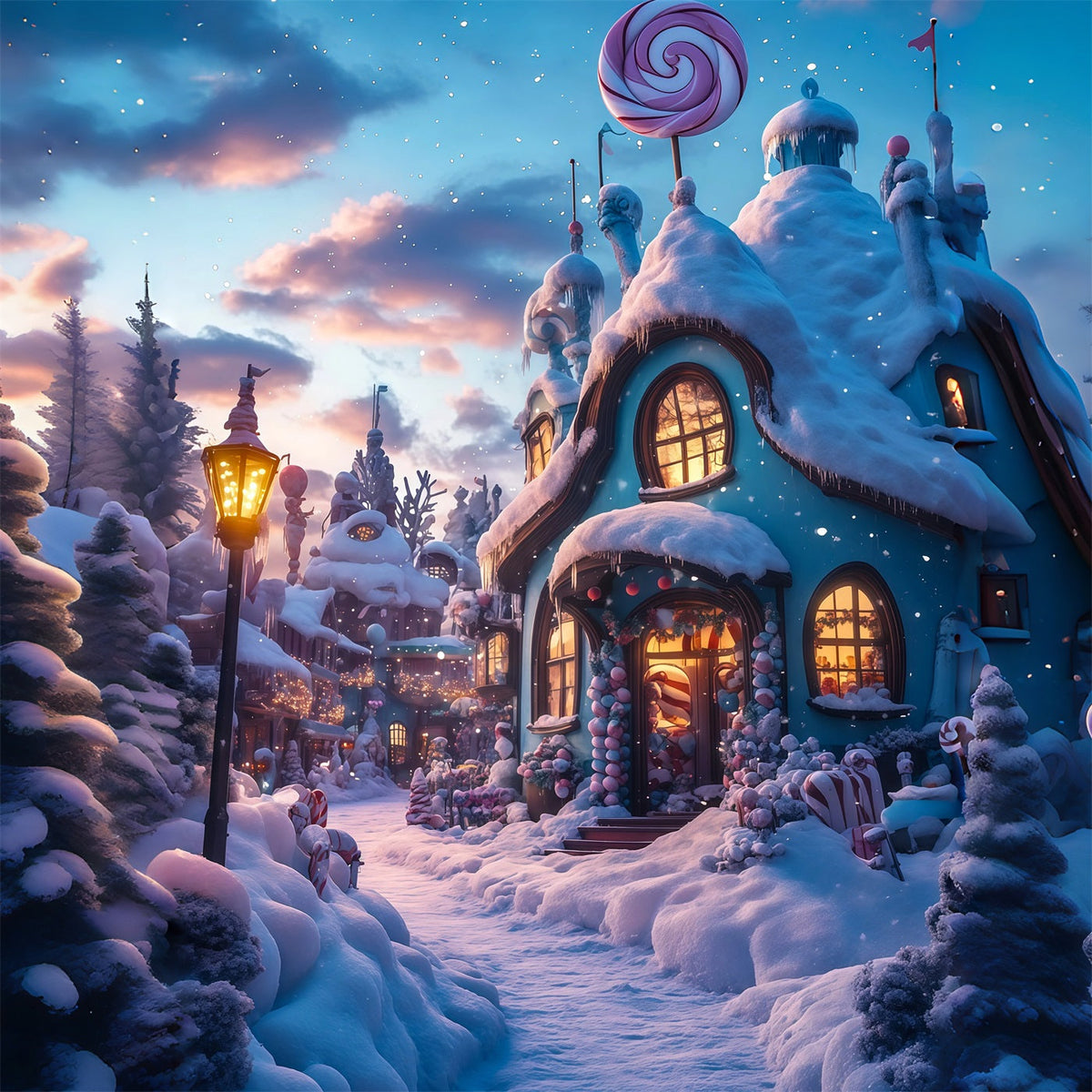 Weihnachtsdorf-Kulisse Candyland Schneehütte Weihnachtshintergründe Für Den Innenbereich RR69-28
