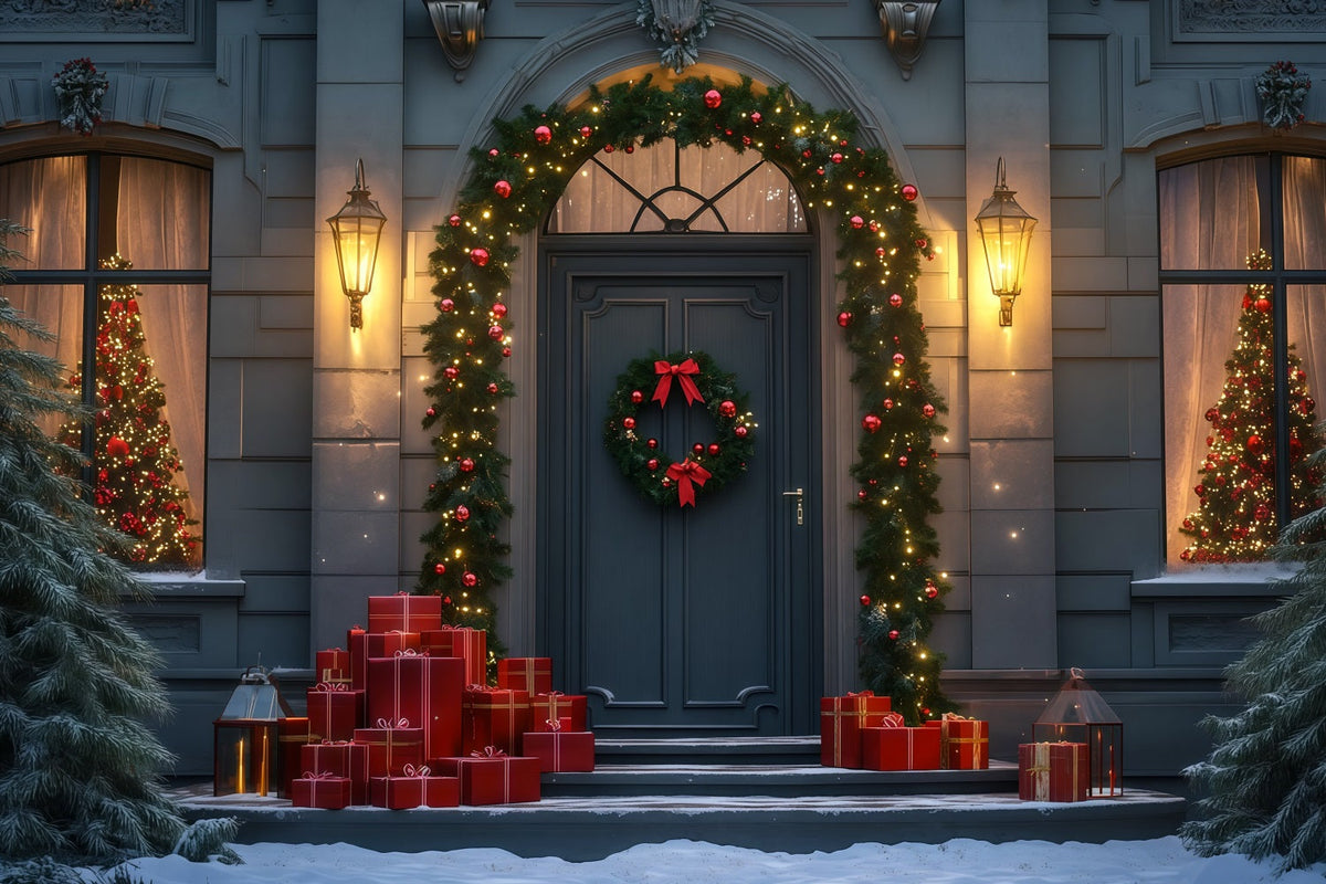 Weihnachtsnacht-Hintergrund Eleganter Eingang Mit Girlanden Weihnachtshintergrund Aus Musselin RR69-31