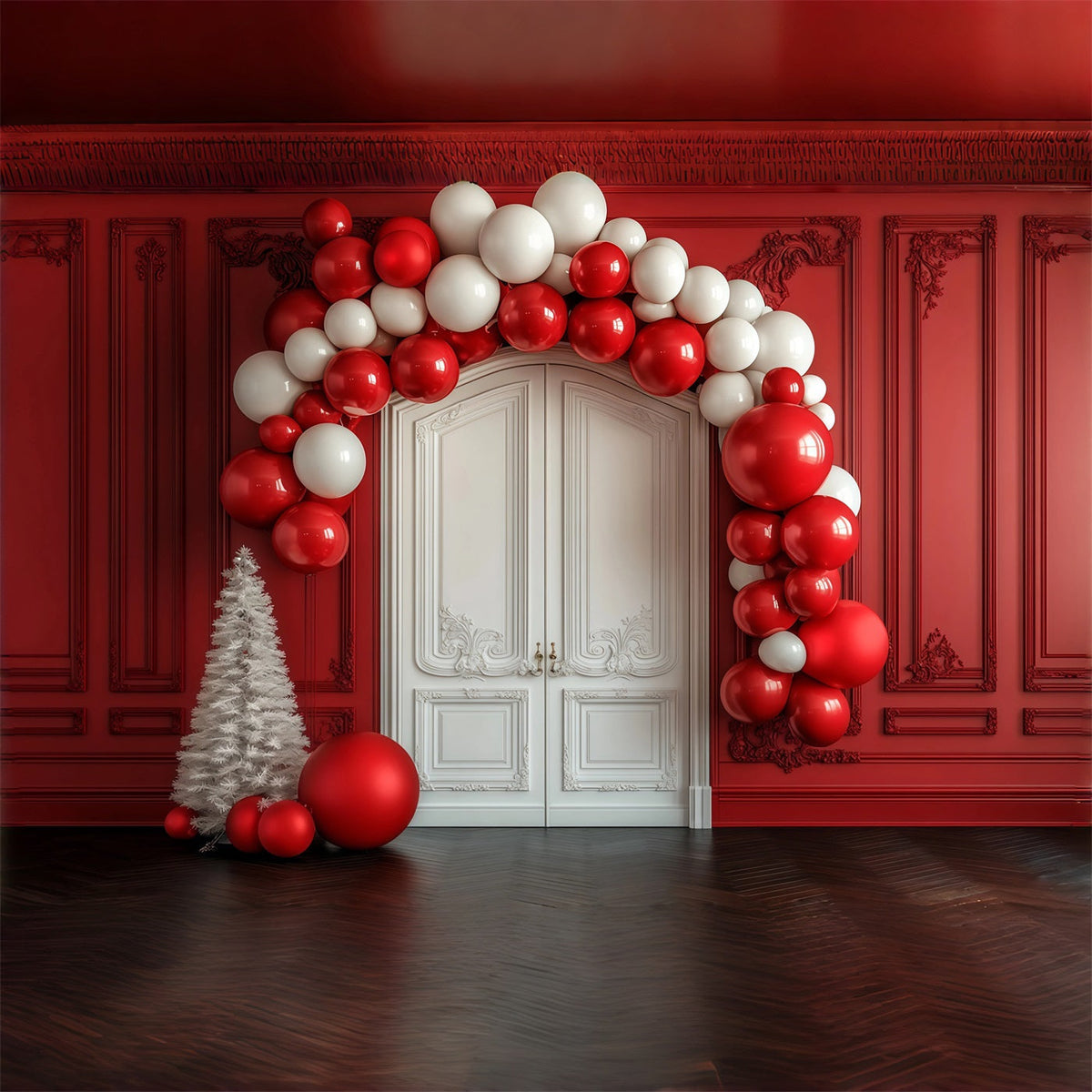 Weihnachtsballonbogen-Hintergrund Rote Wand Weiße Tür Eingang Weihnachtskulissen RR69-36