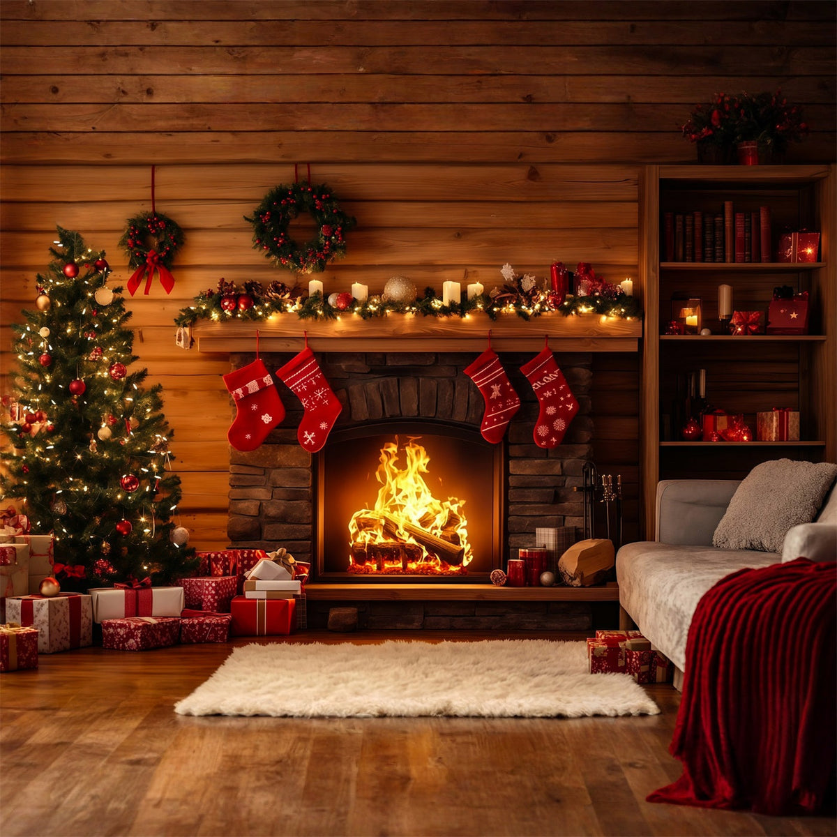 Rustikale Weihnachtskulisse Kamin-Weihnachtsstrumpf-Dekoration Für Hütten Weihnachts-Fotografie-Hintergrund RR69-40