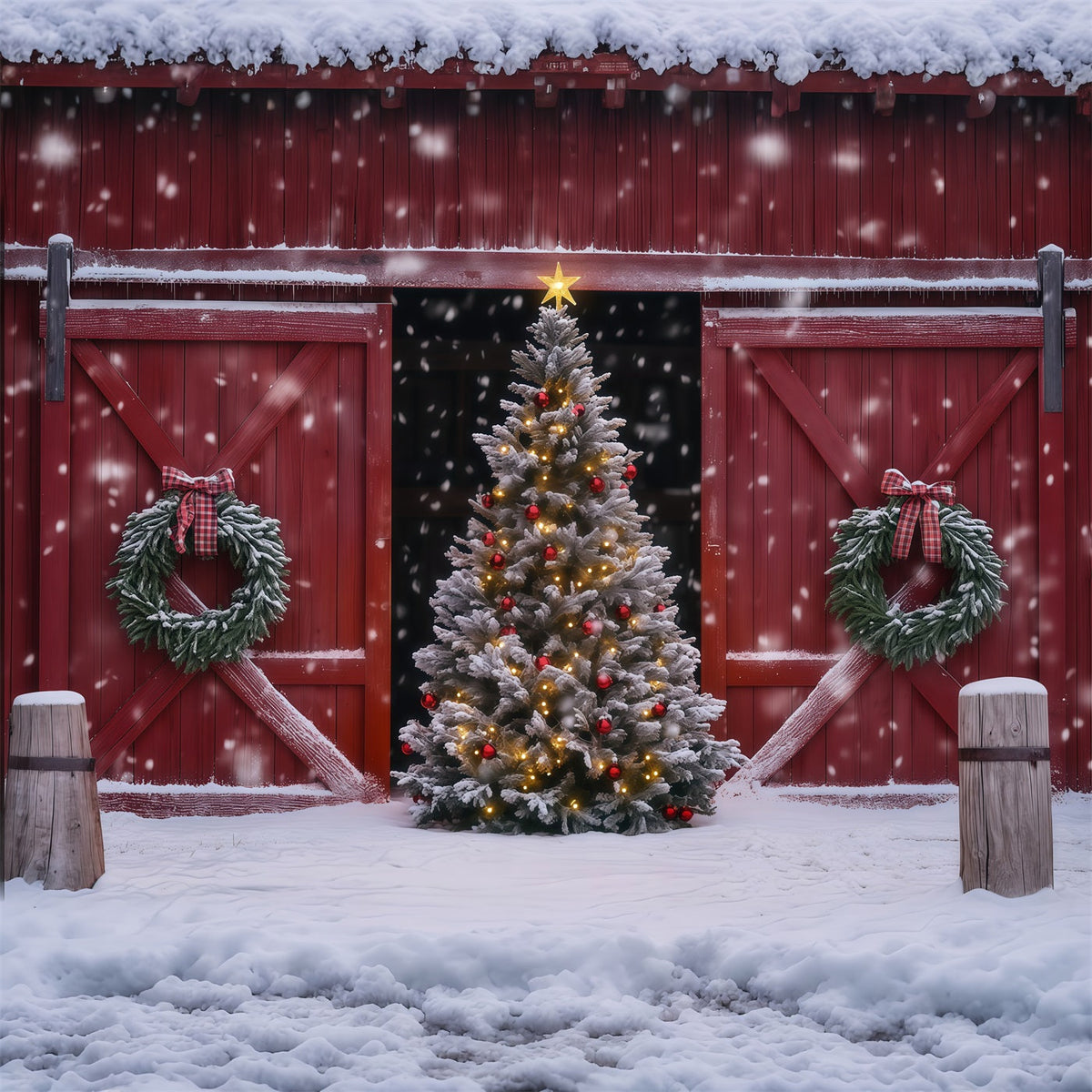 Weihnachts-Scheunentor-Hintergrund Schneebedeckter Scheunenbaumkranz Professionelle Weihnachtskulissen RR69-41