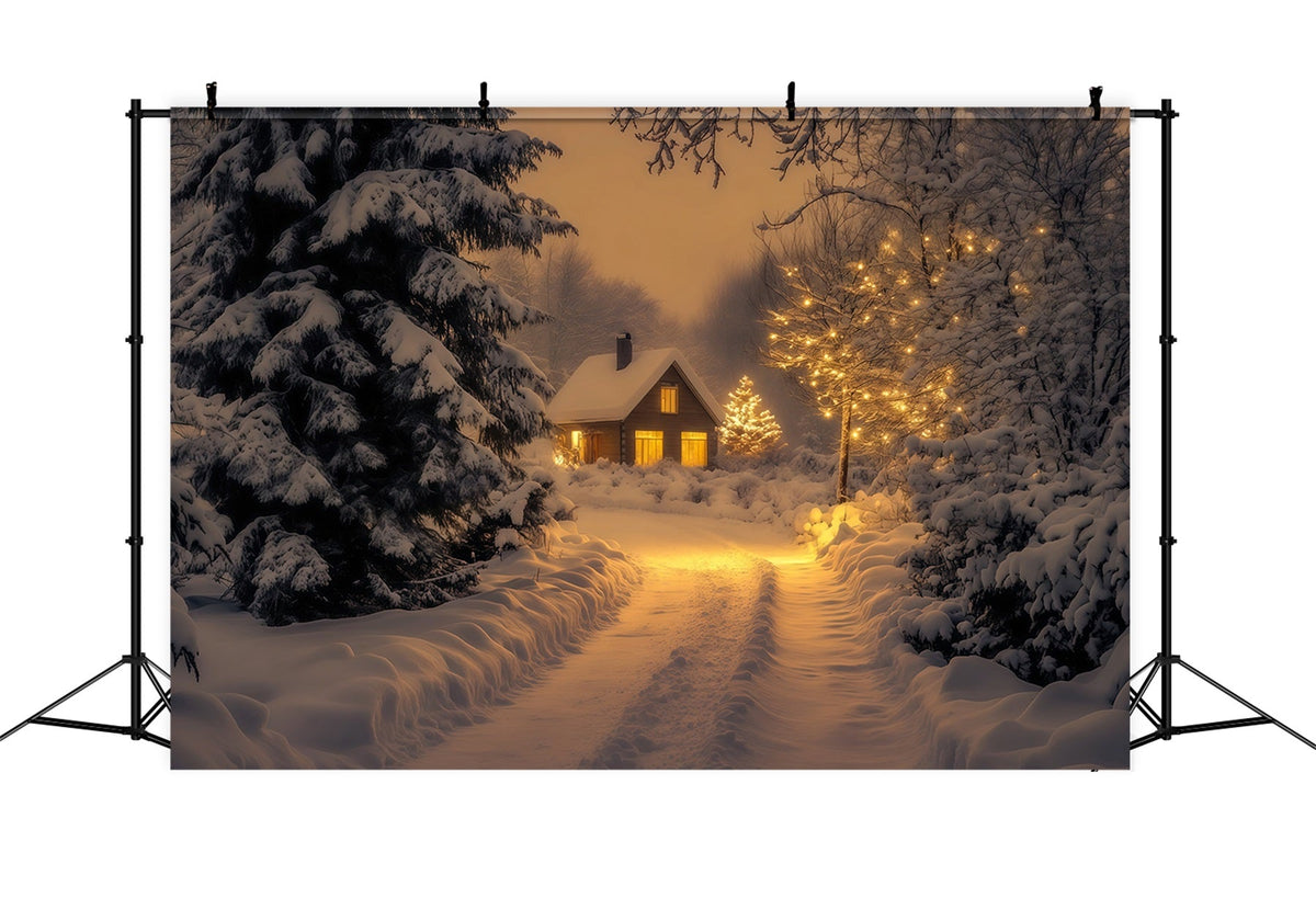 Winterliche Weihnachtskulisse Weg Zur Hütte Im Verschneiten Wald Weihnachtsfotohintergrund RR69-43