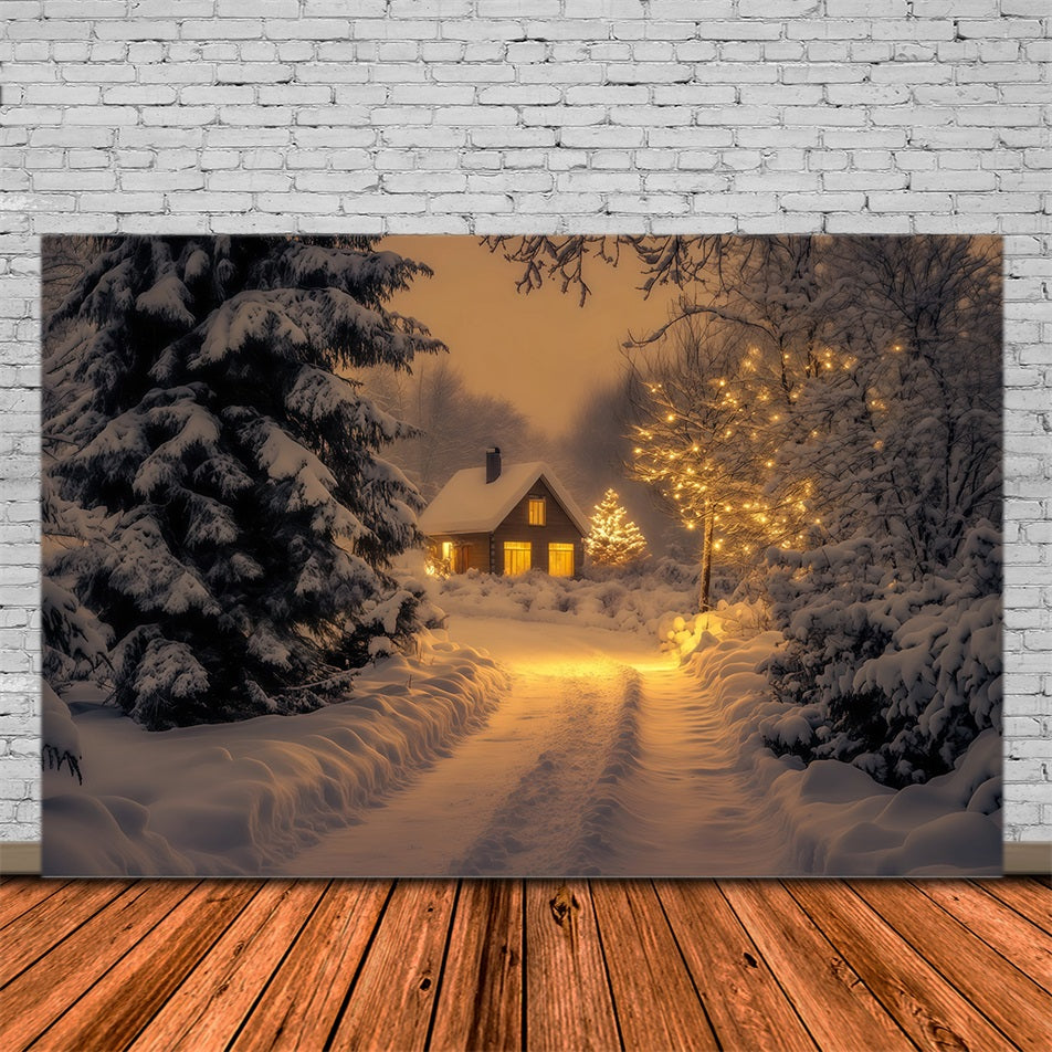 Winterliche Weihnachtskulisse Weg Zur Hütte Im Verschneiten Wald Weihnachtsfotohintergrund RR69-43
