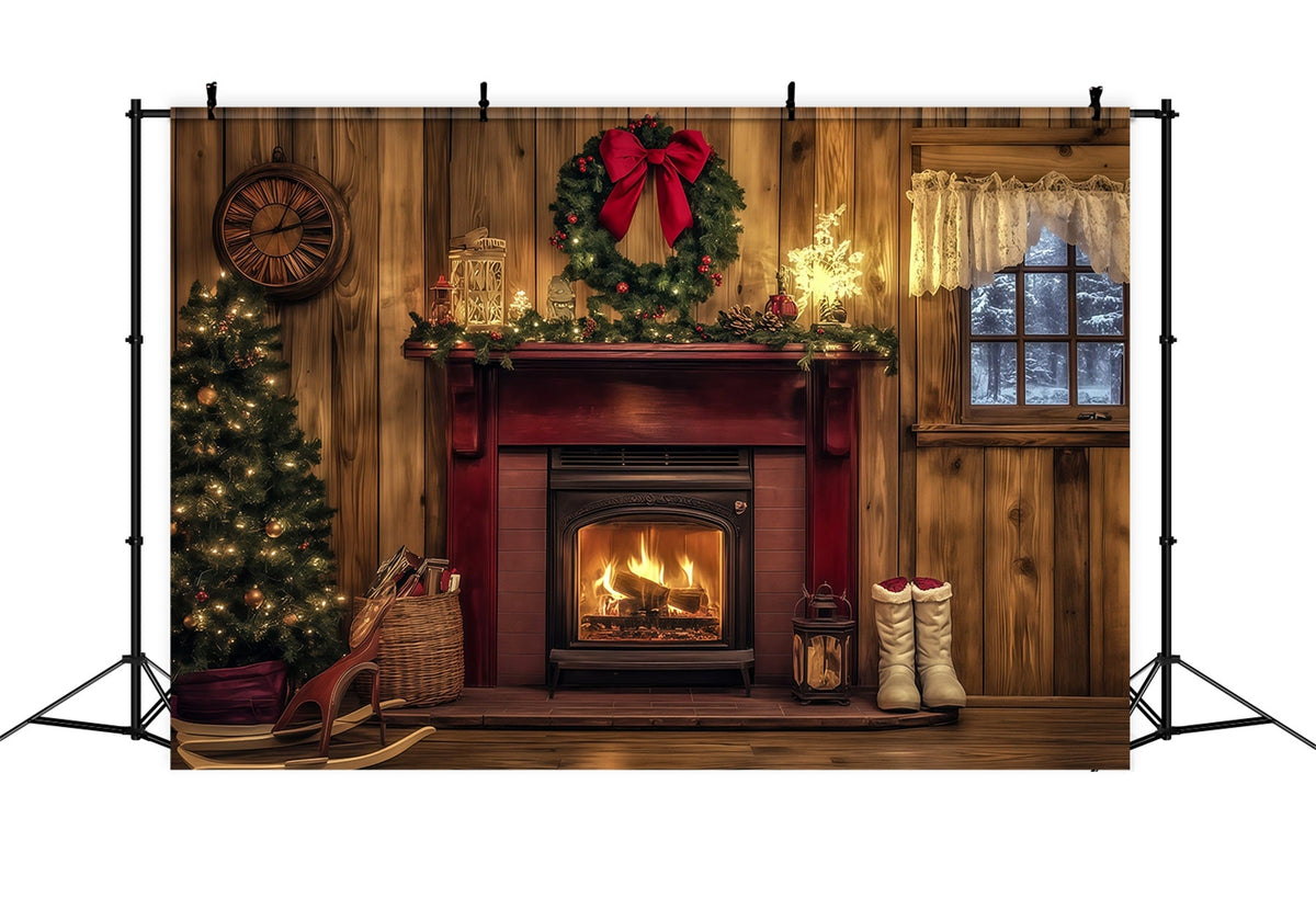Weihnachtskulisse Aus Holz Rustikaler Roter Kaminsims Große Weihnachtskulissen RR69-44