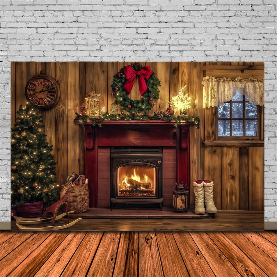 Weihnachtskulisse Aus Holz Rustikaler Roter Kaminsims Große Weihnachtskulissen RR69-44