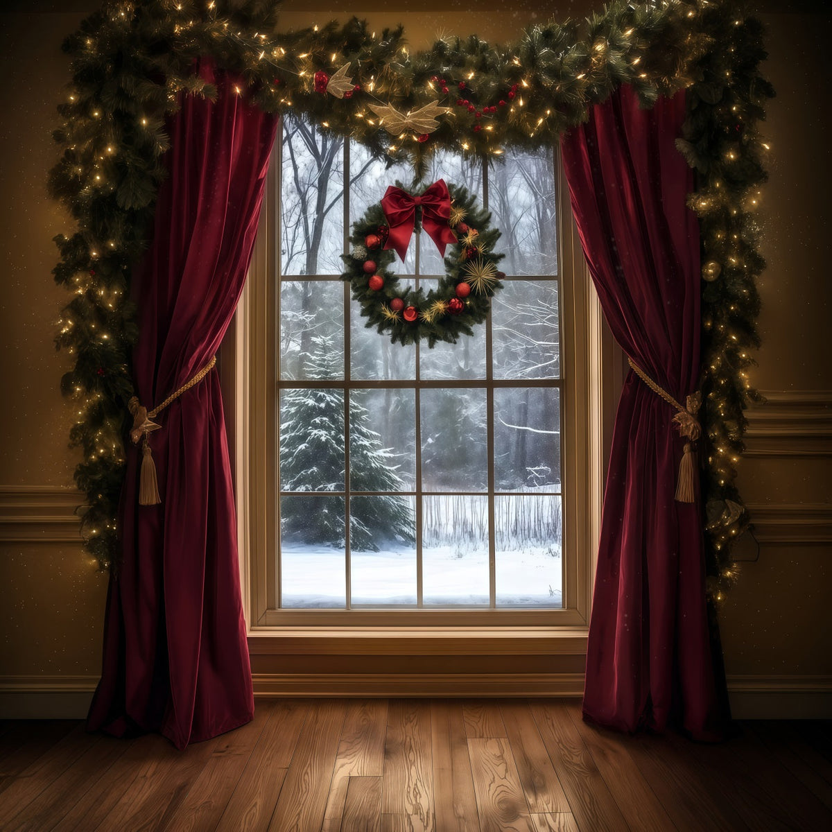 Weihnachtsfenster-Hintergrund Samtvorhang Mit Verschneitem Blick Weihnachtshintergrund Für Fotografie RR69-49