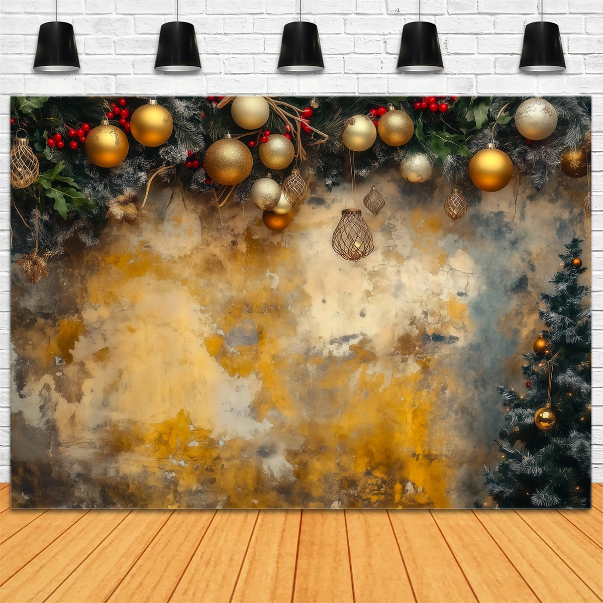 Weihnachtskugel-Hintergrund Goldene Ornamentgirlande Wand Studiohintergründe Weihnachten RR69-56